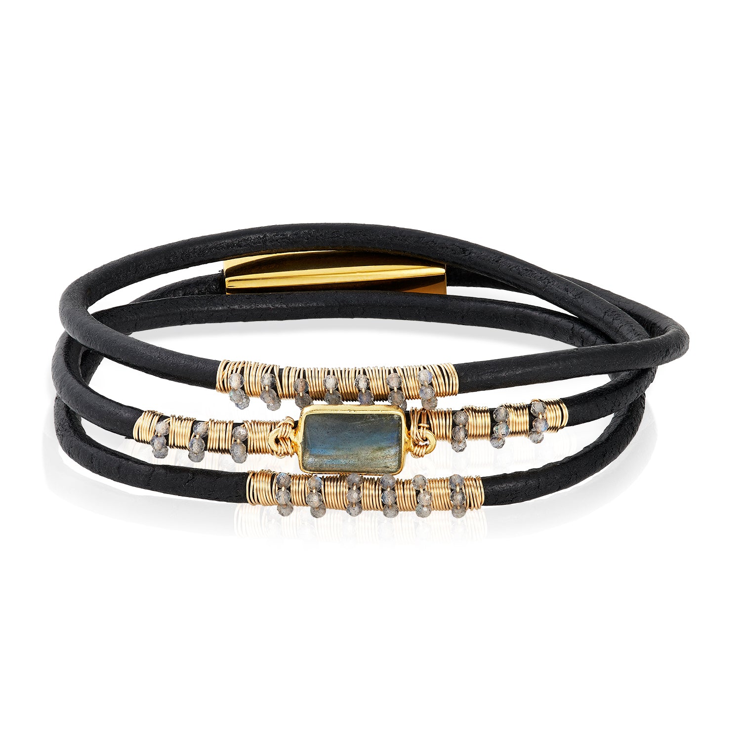 Triple Leather Bracelet With Labradorite