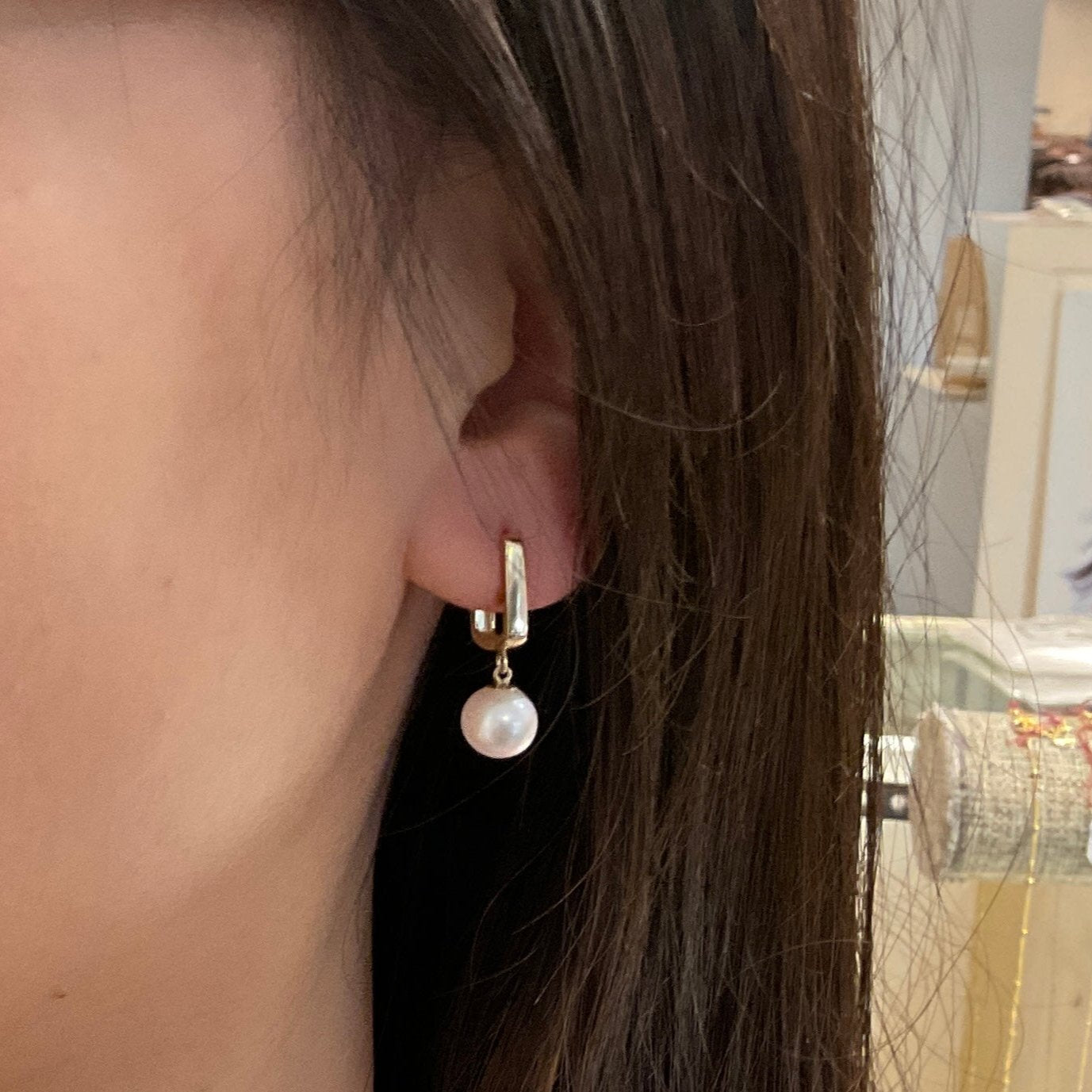 Rectangular Huggie Pearl Drop Hoops In 14k
