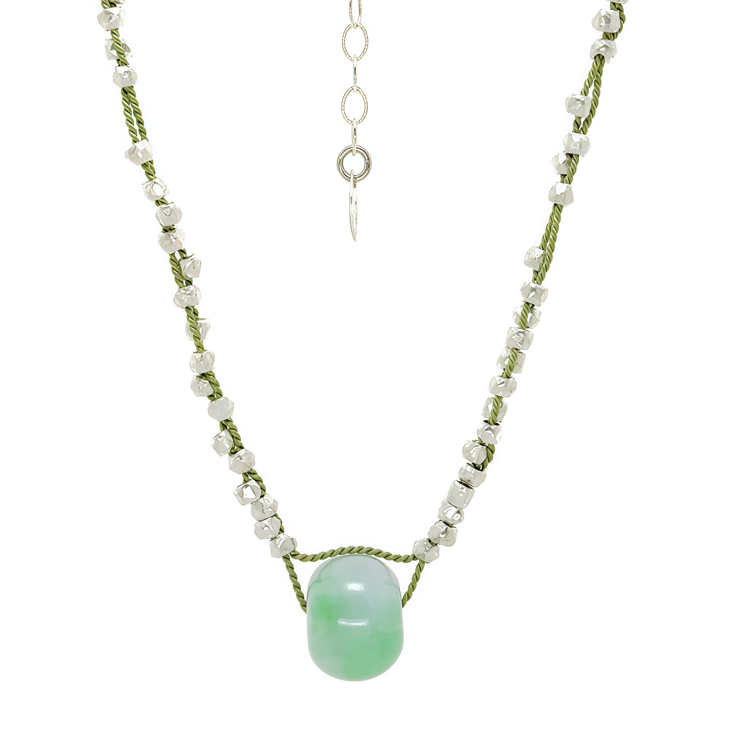Donut Jade Pendant Silver Bits Necklace