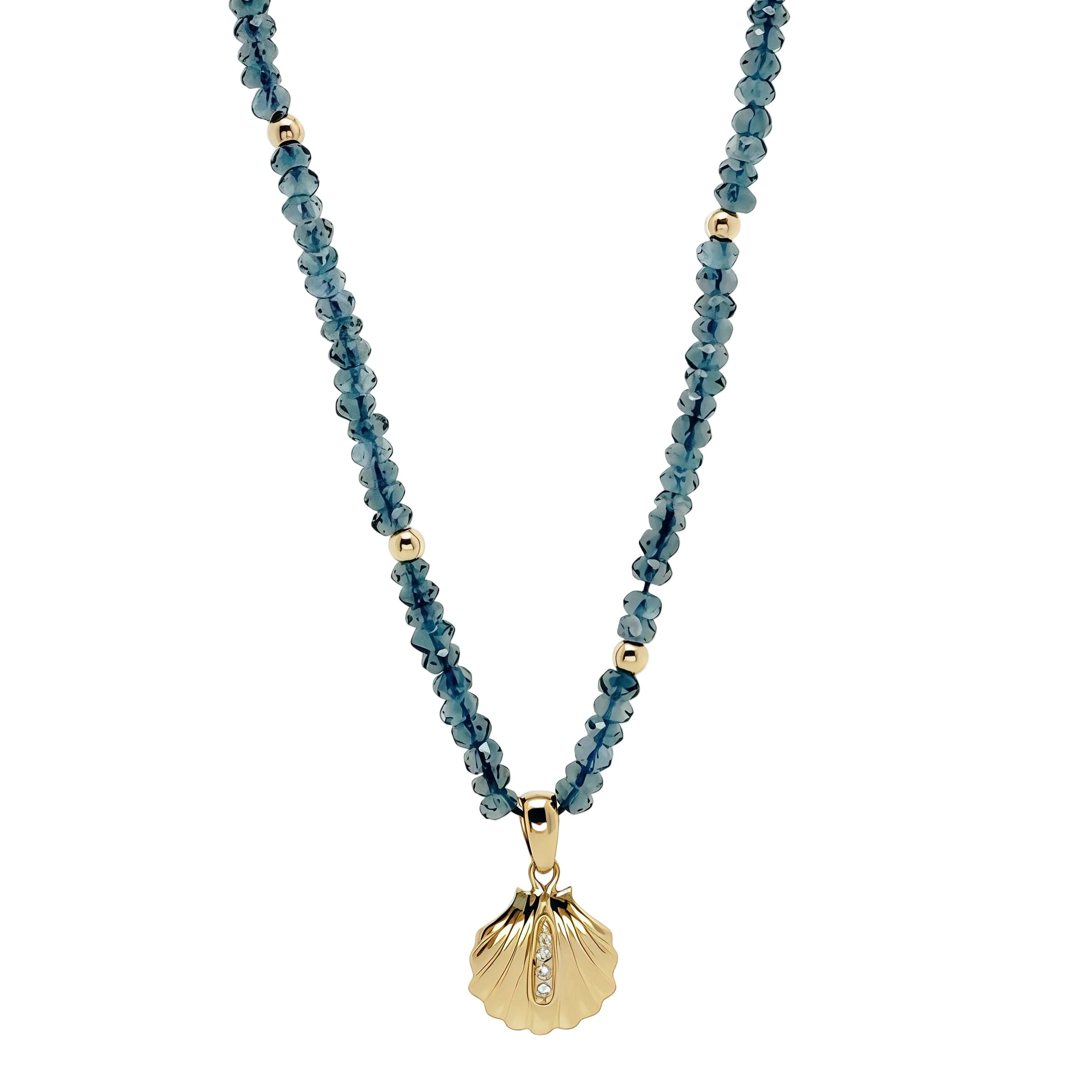 London Blue Topaz Beaded Necklace Diamond Shell Pendant 14k