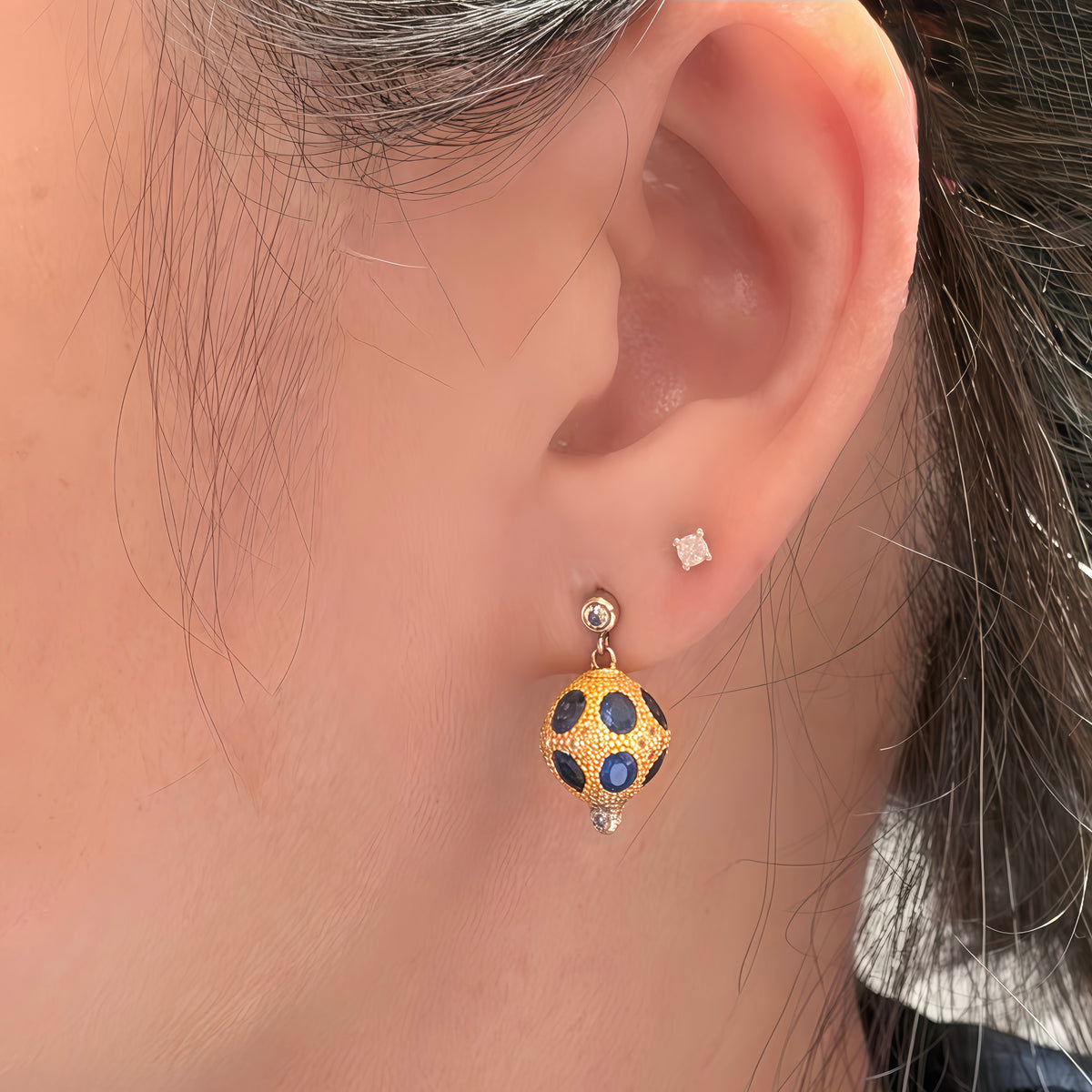 Sapphire Diamond Ball Stud Earrings 14K