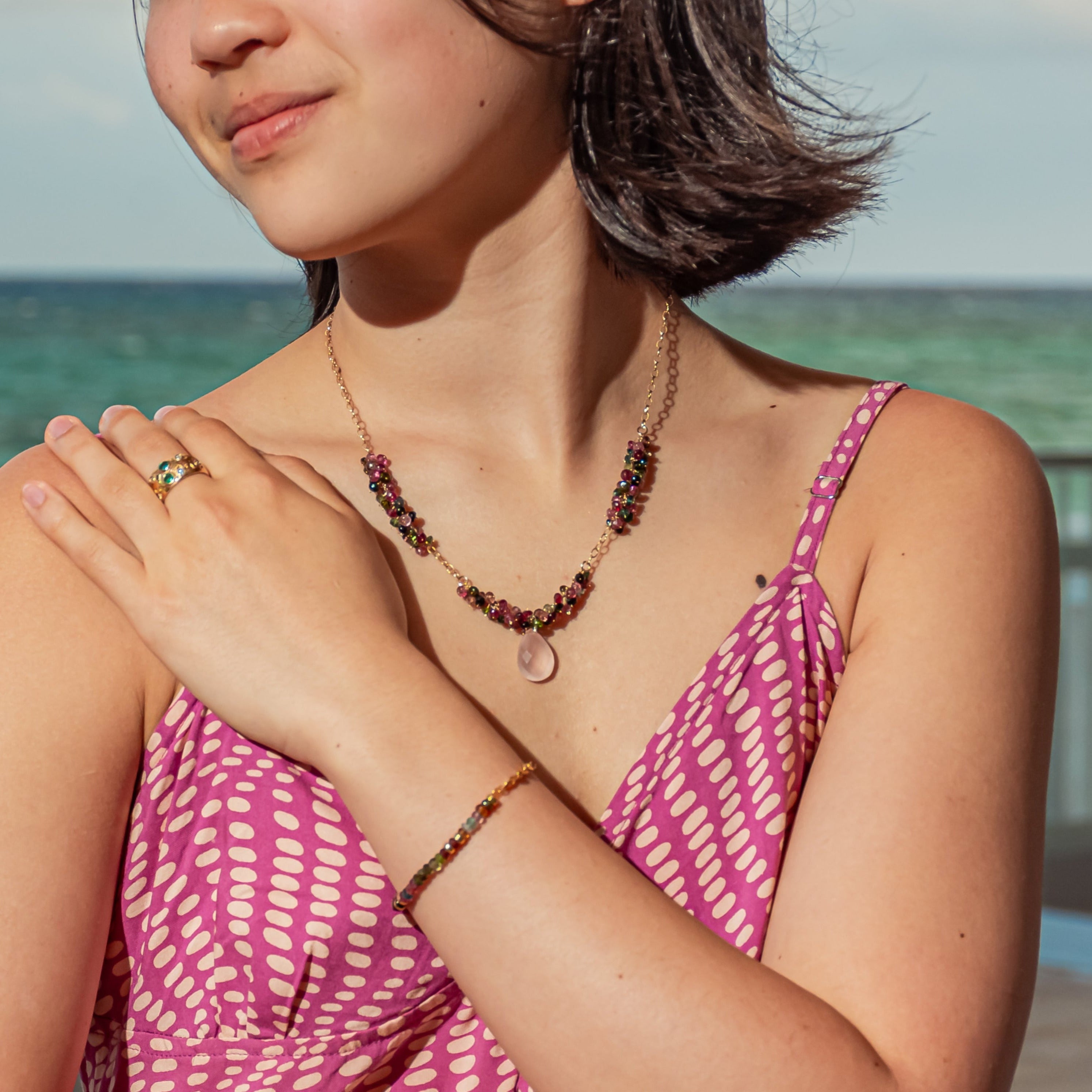 Tourmaline Cluster Necklace With Pink Quartz Drop