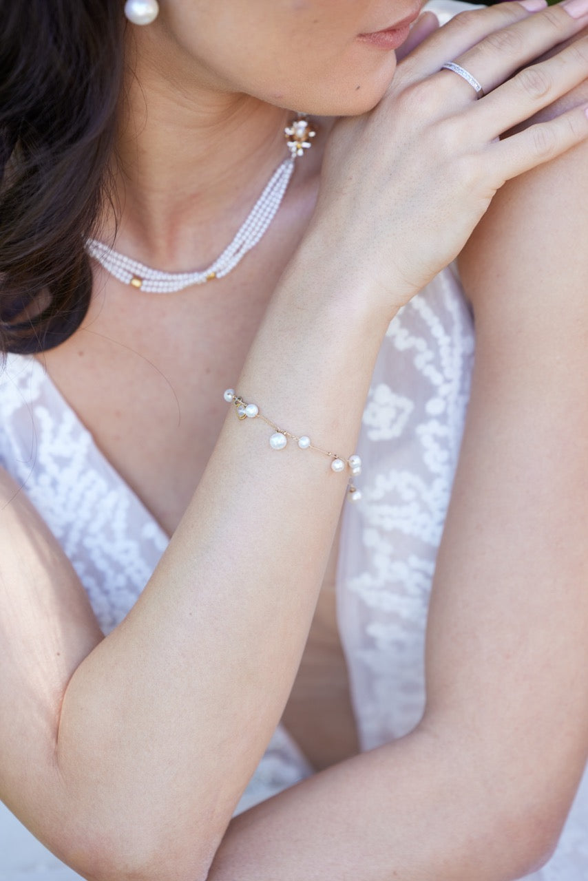 Dangle Diamond Pearls Bracelet in 14k