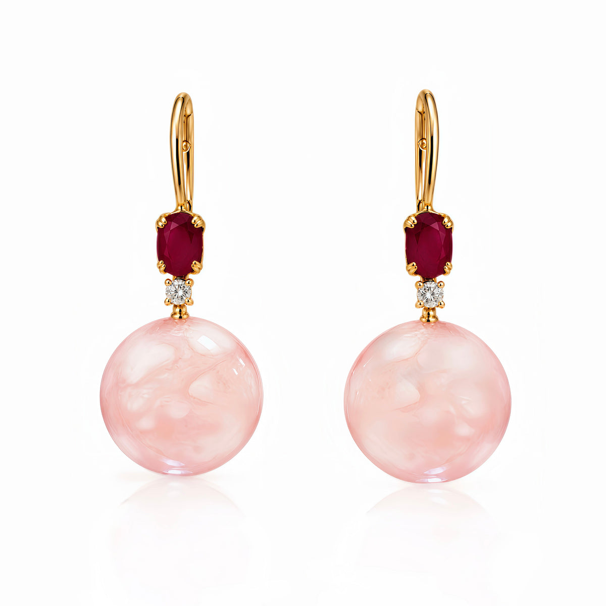 Opal Button Drop Ruby Lever Back Earrings 14K