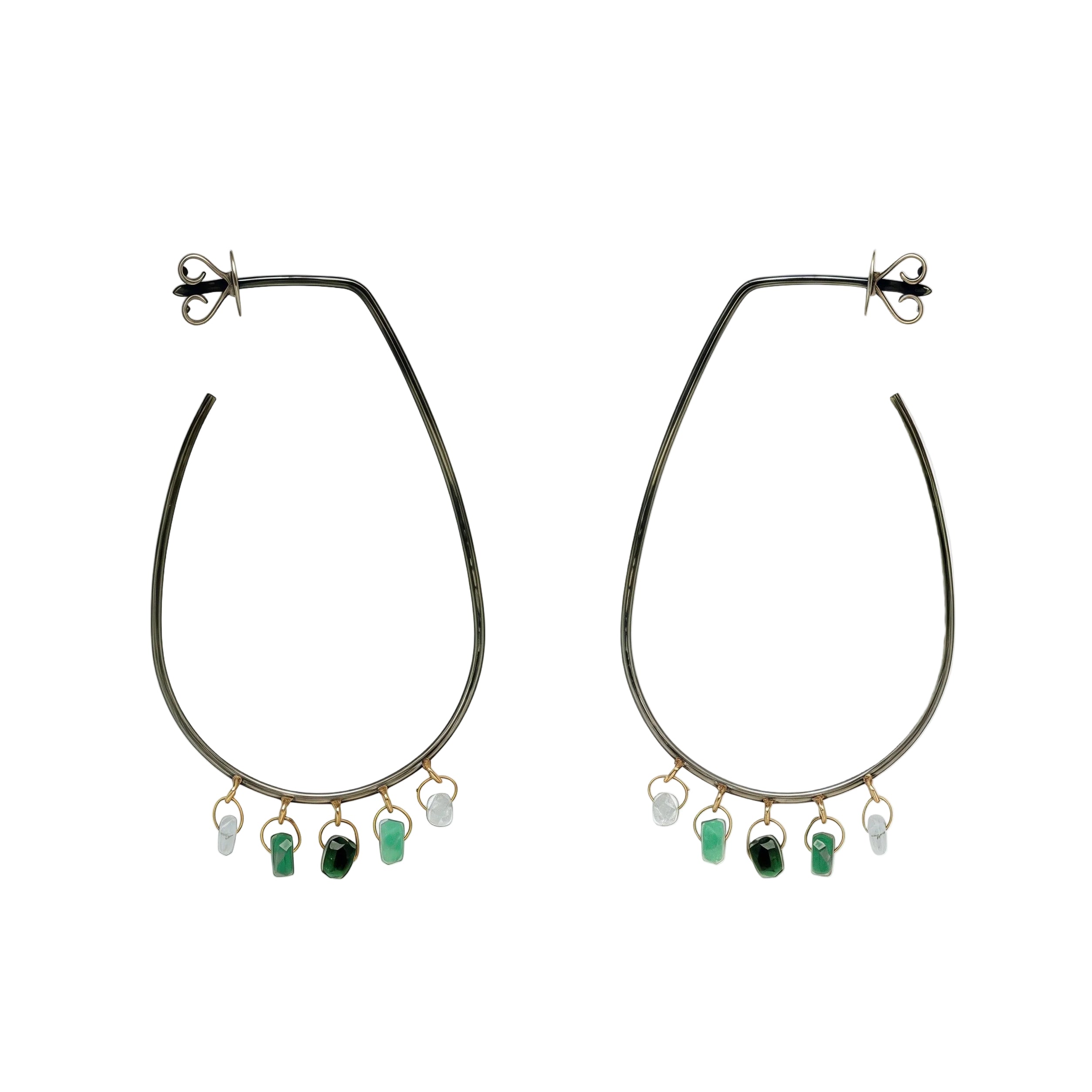 Emerald Dangly Oval Silver Hoops