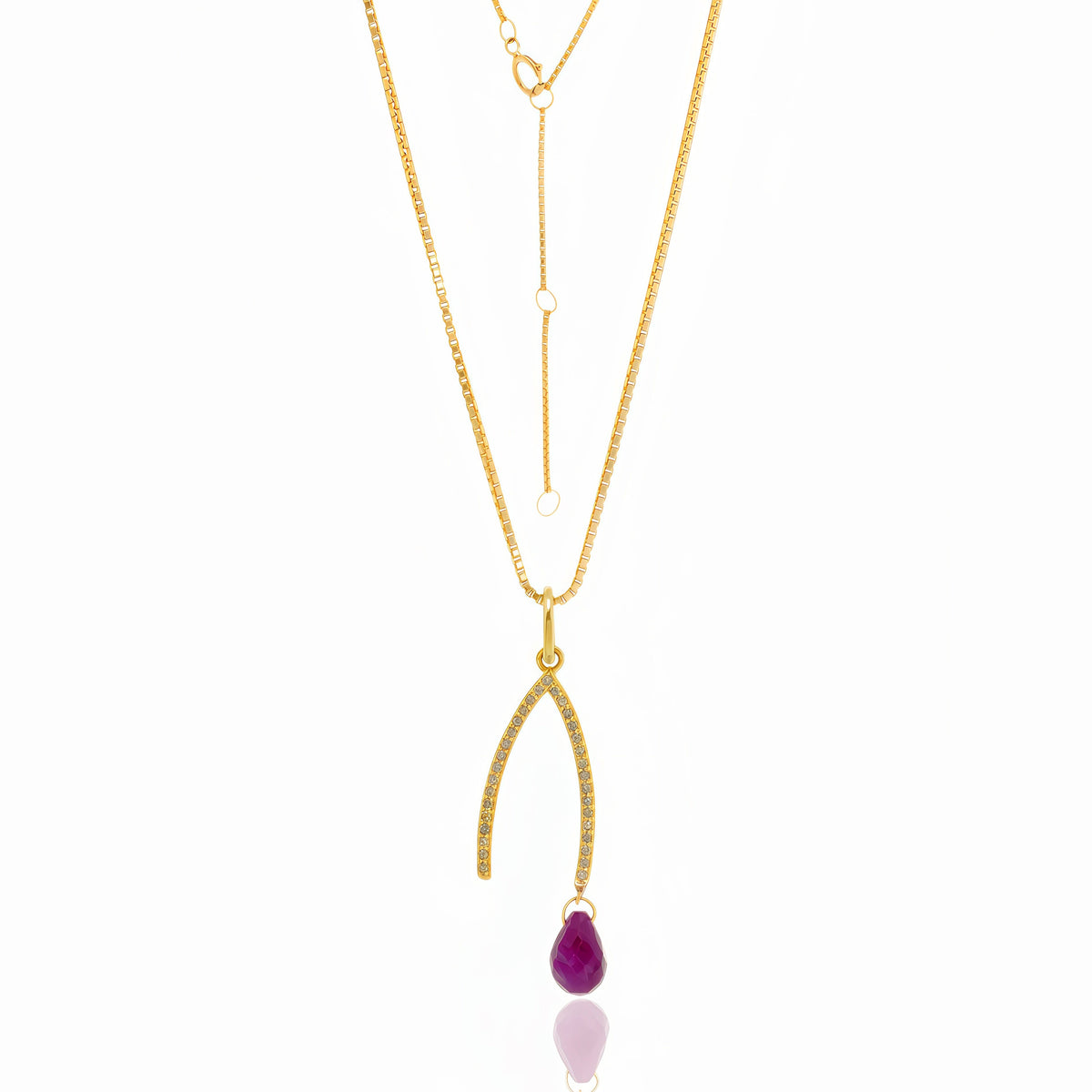Pave Diamond Wishbone Ruby Drop Pendant Necklace