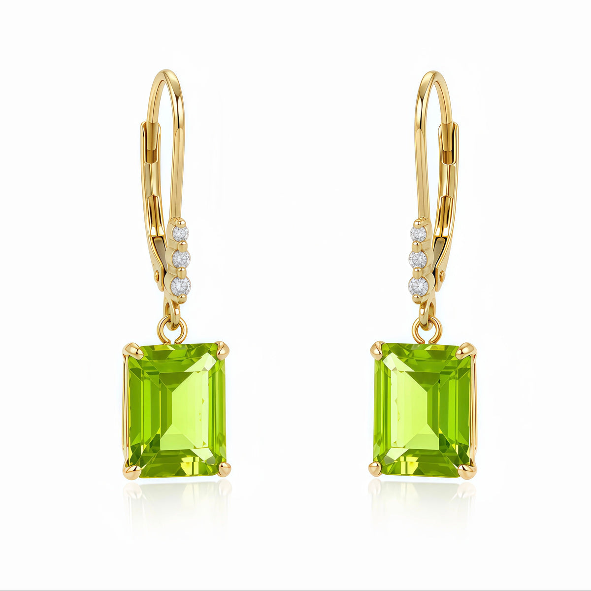 Rectangle Peridot Drop Diamond Lever Back Earrings 14K