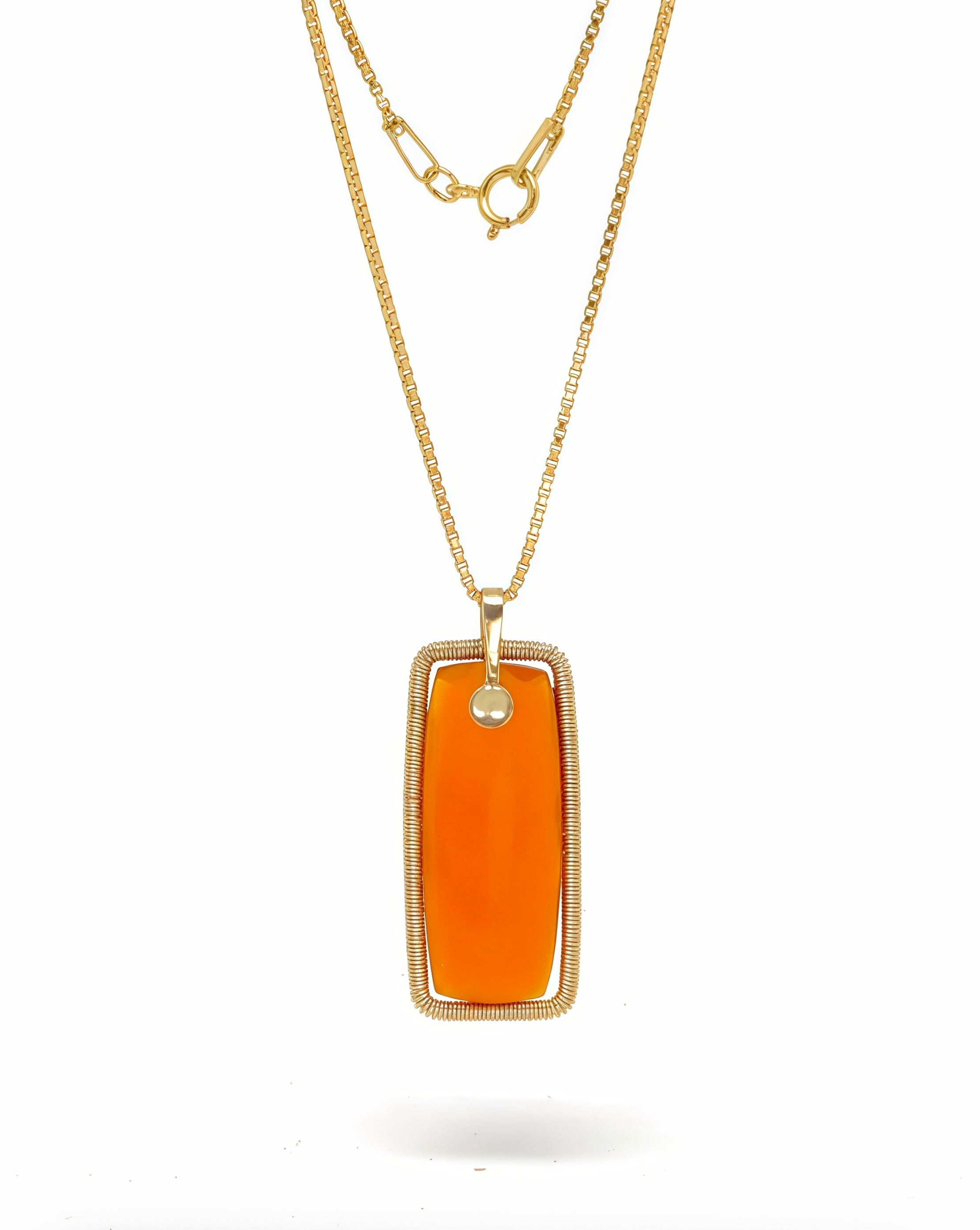 Long Gem Slice Frame Pendant Gold Necklace