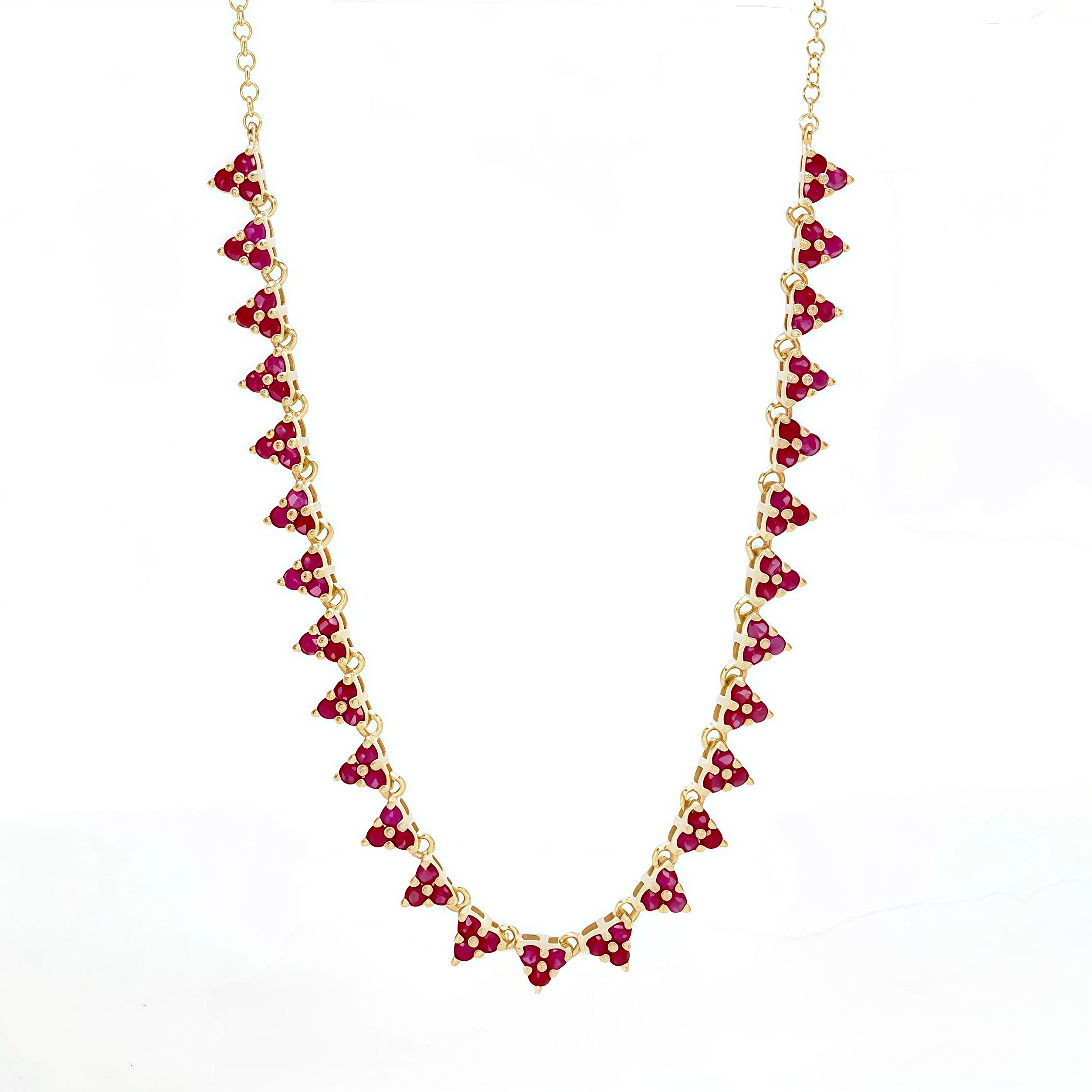 Trio Ruby Cluster Row Necklace 14k