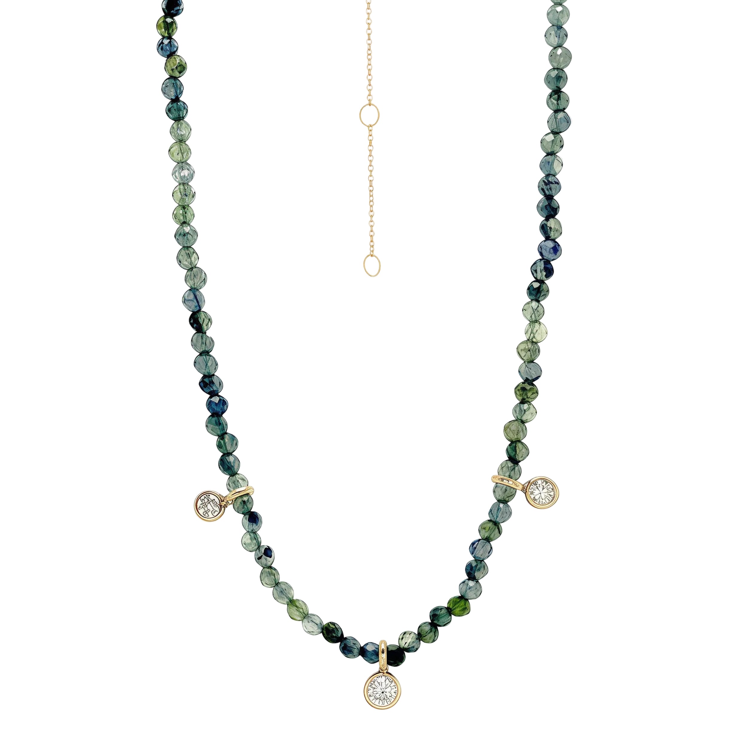 Petite Green Sapphire Trio Diamond Charm Necklace 14k