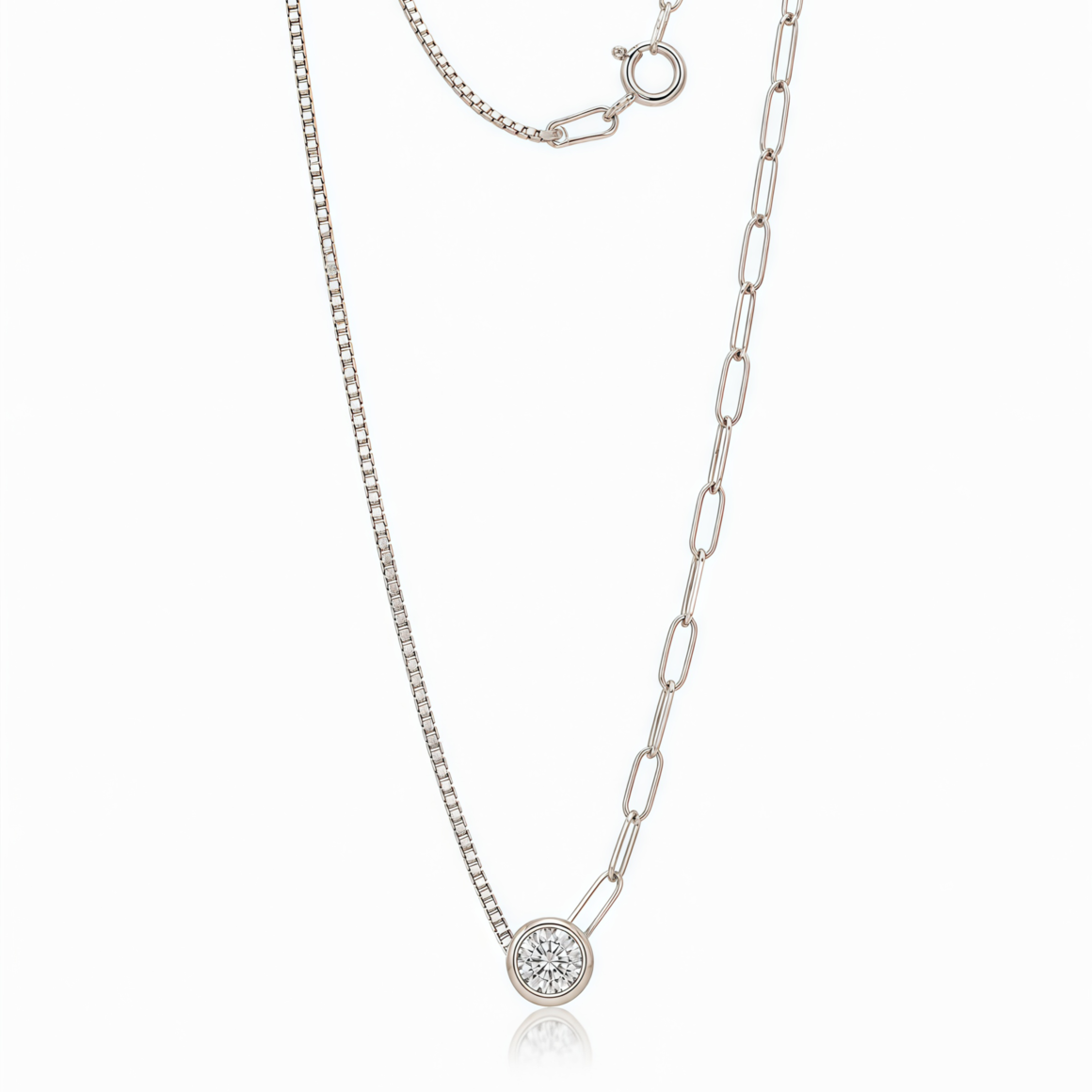 Solitaire Diamond Pendant Mixed White Gold Chain Necklace 14K