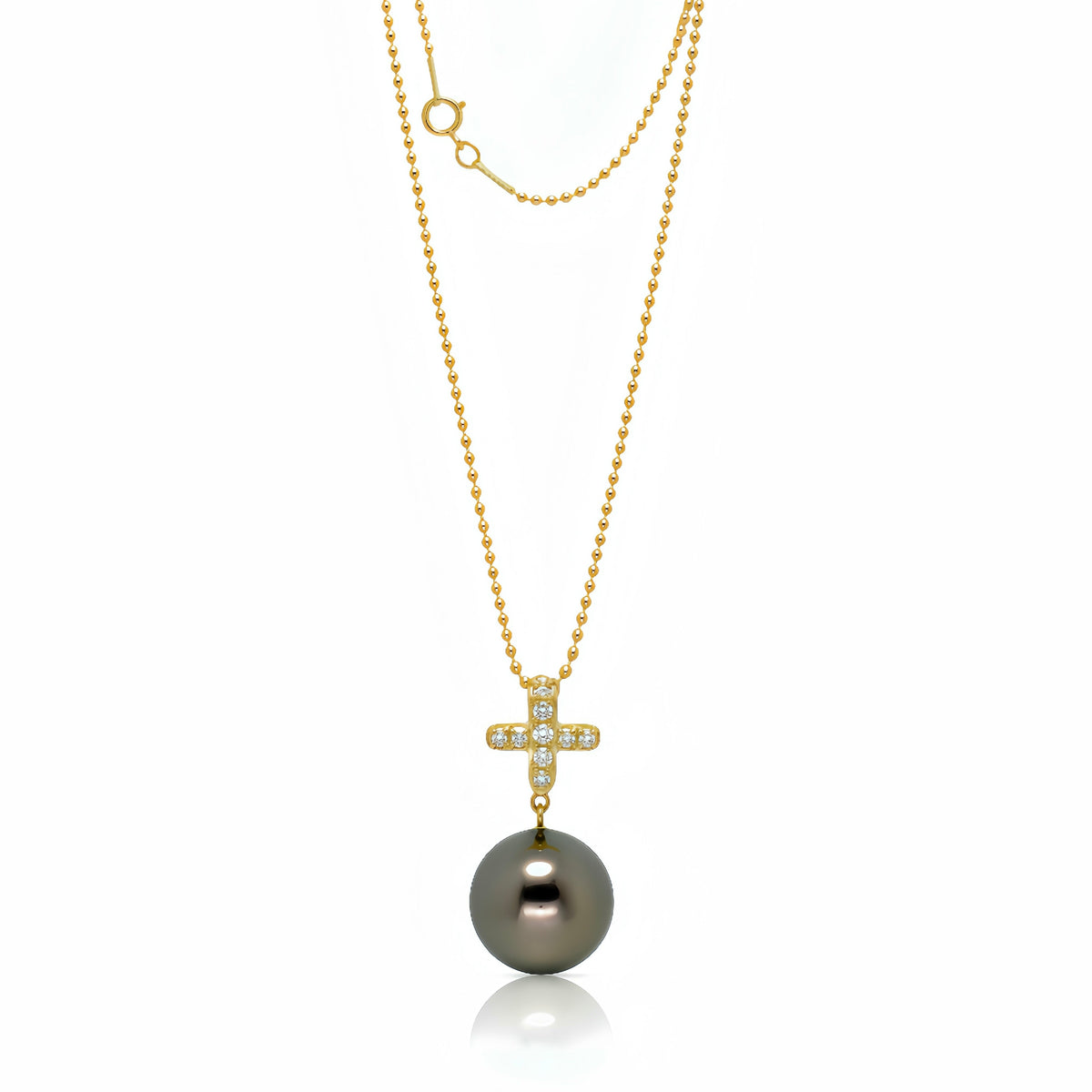 Tahitian Pearl Diamond Cross Pendant Long Necklace 14K
