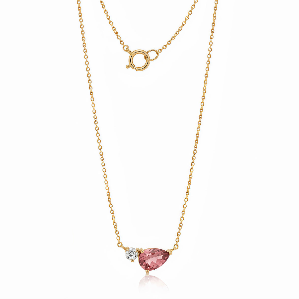 Teardrop Pink Tourmaline Tagalong Diamond Necklace 14K