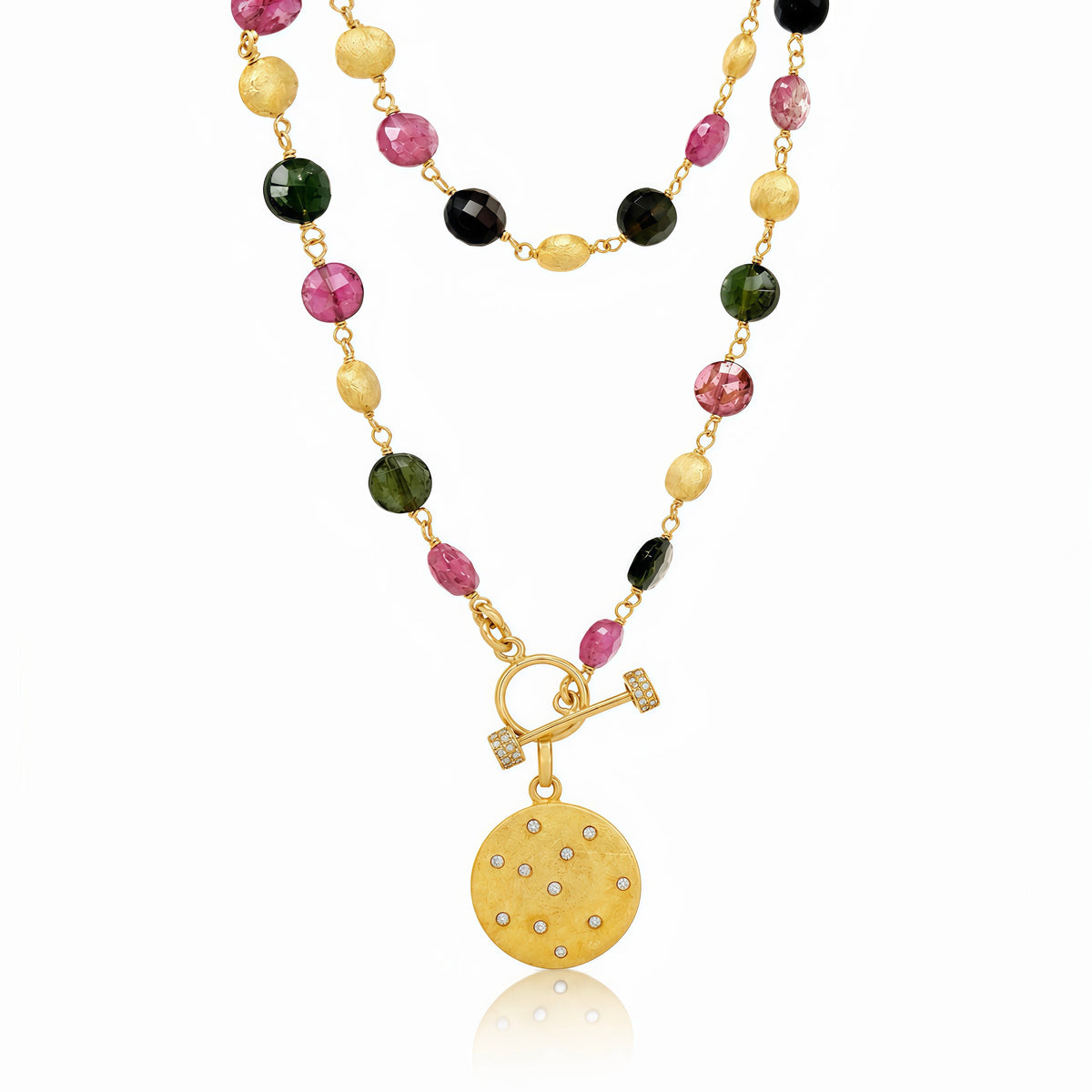 Rainbow Tourmaline Coin Toggle Diamond Pendant Necklace