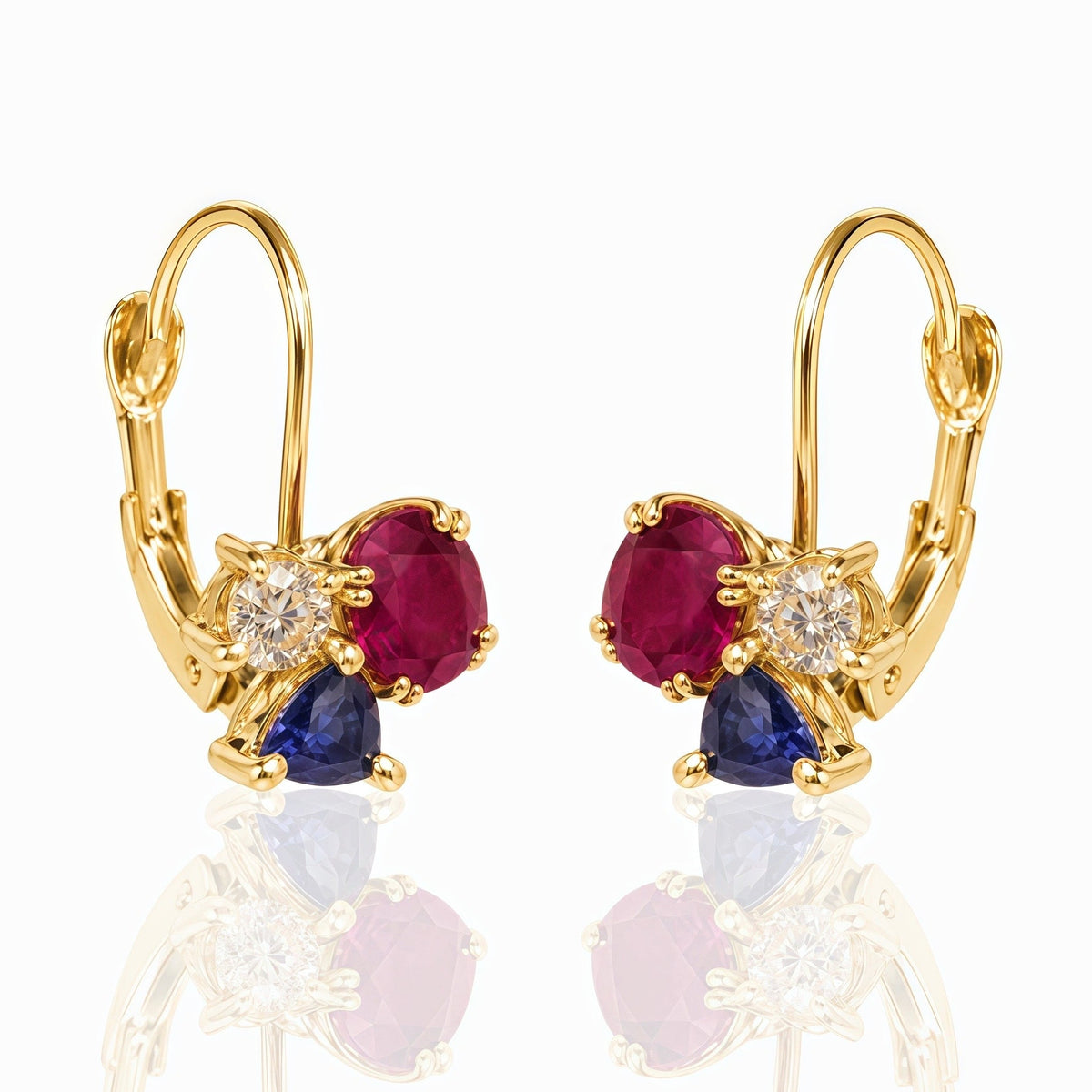 Trio Gem Cluster Lever back Earrings 14k