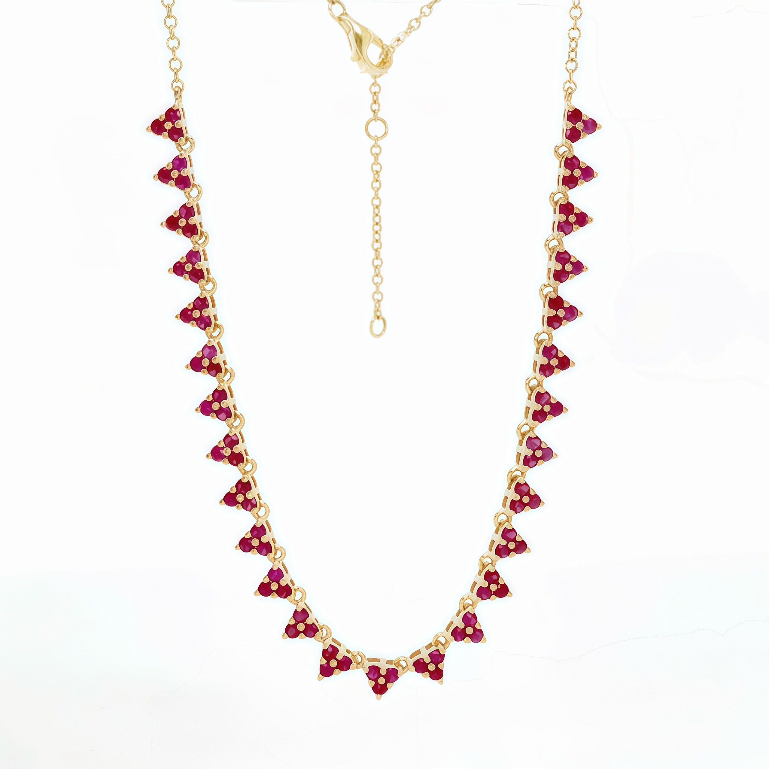 Trio Ruby Cluster Row Necklace 14k