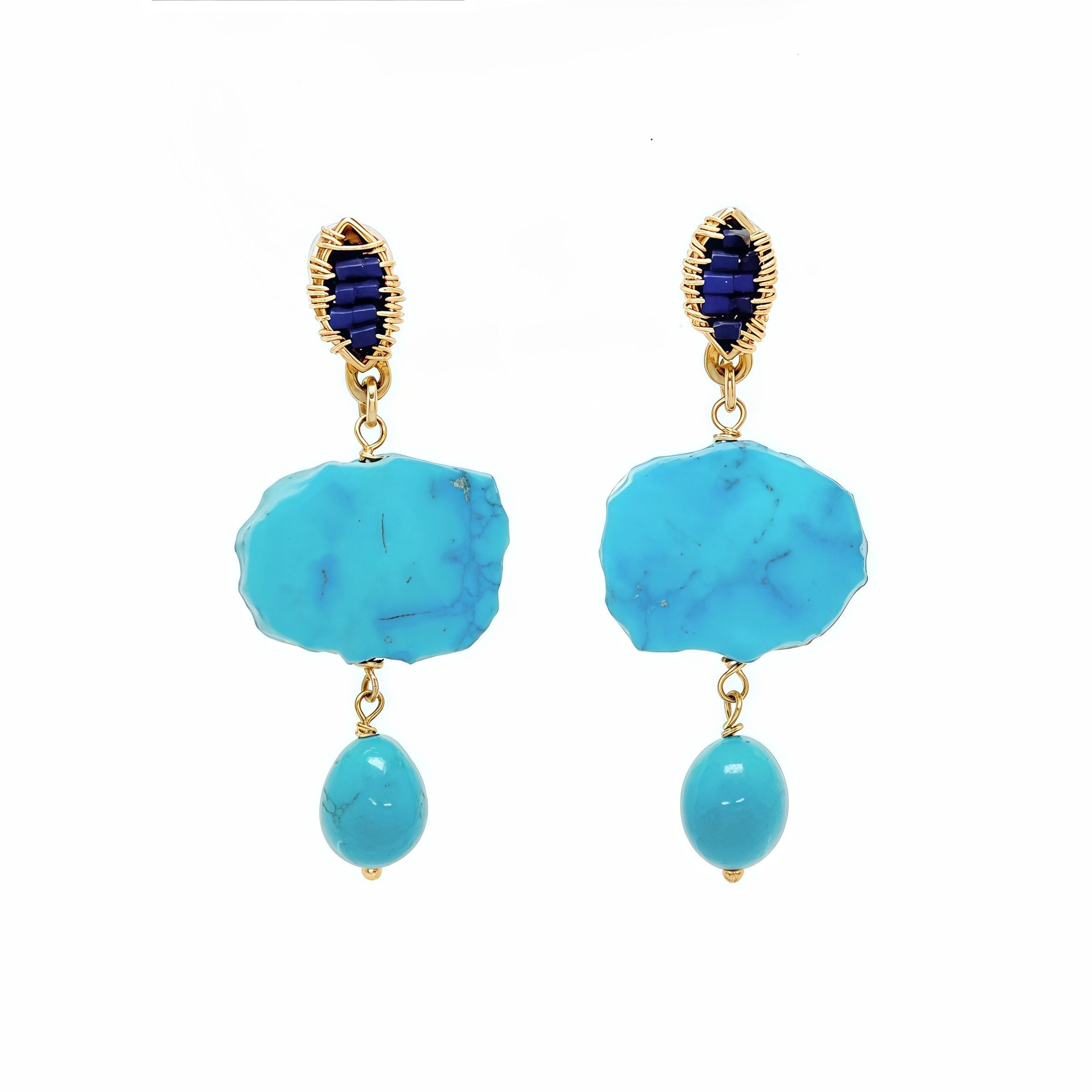 Duo Turquoise Slice Drop Marquise Lapis studs Earrings