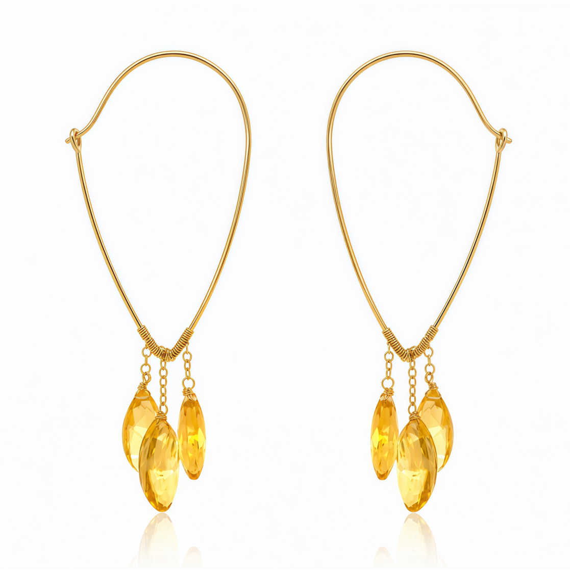 V Bar Trio Leaves Drop Hoop Earrings - Citrine