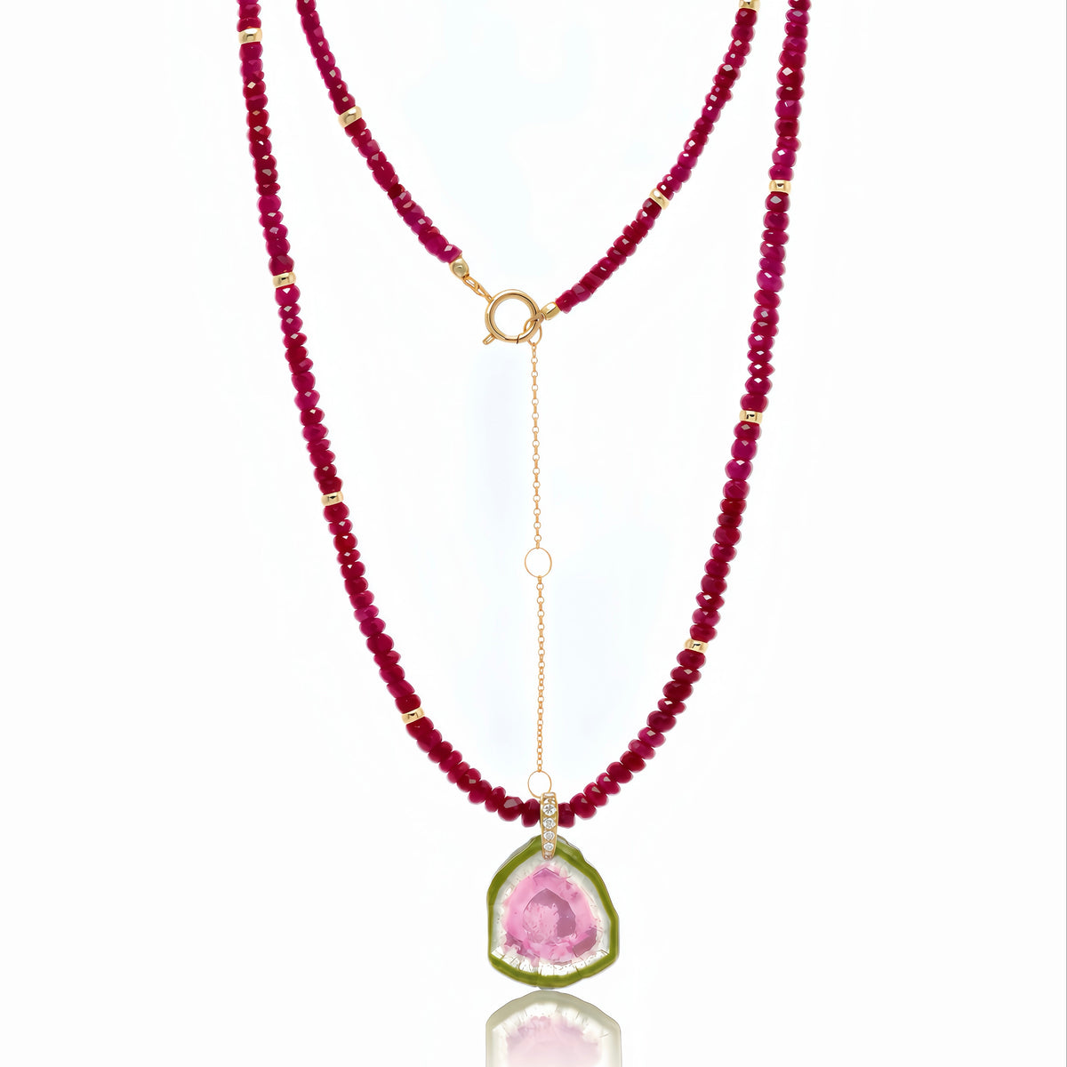 Burgundy Ruby And Watermelon Tourmaline Pendant Necklace 14k