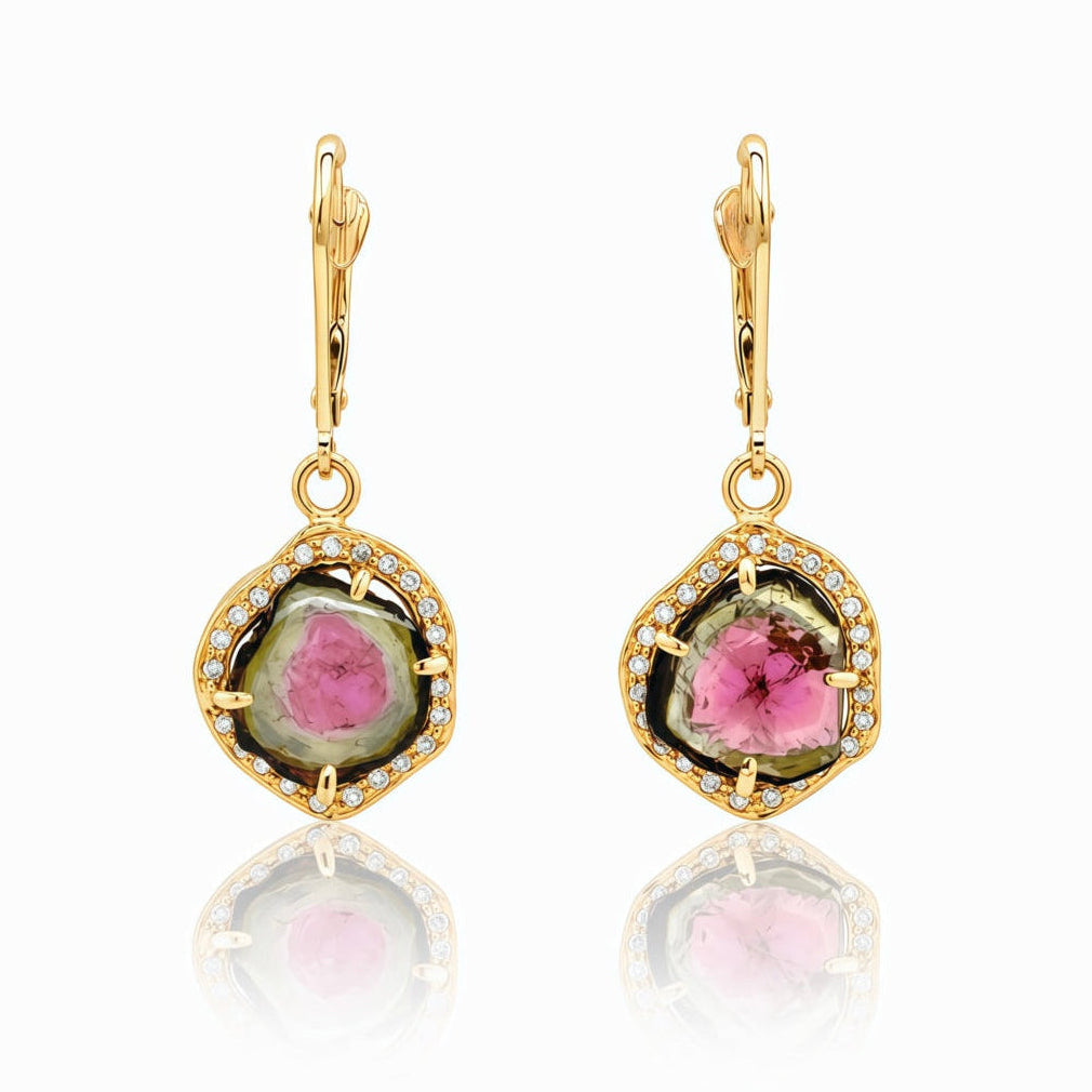 Watermelon Tourmaline Diamond Halo Earrings In 14K