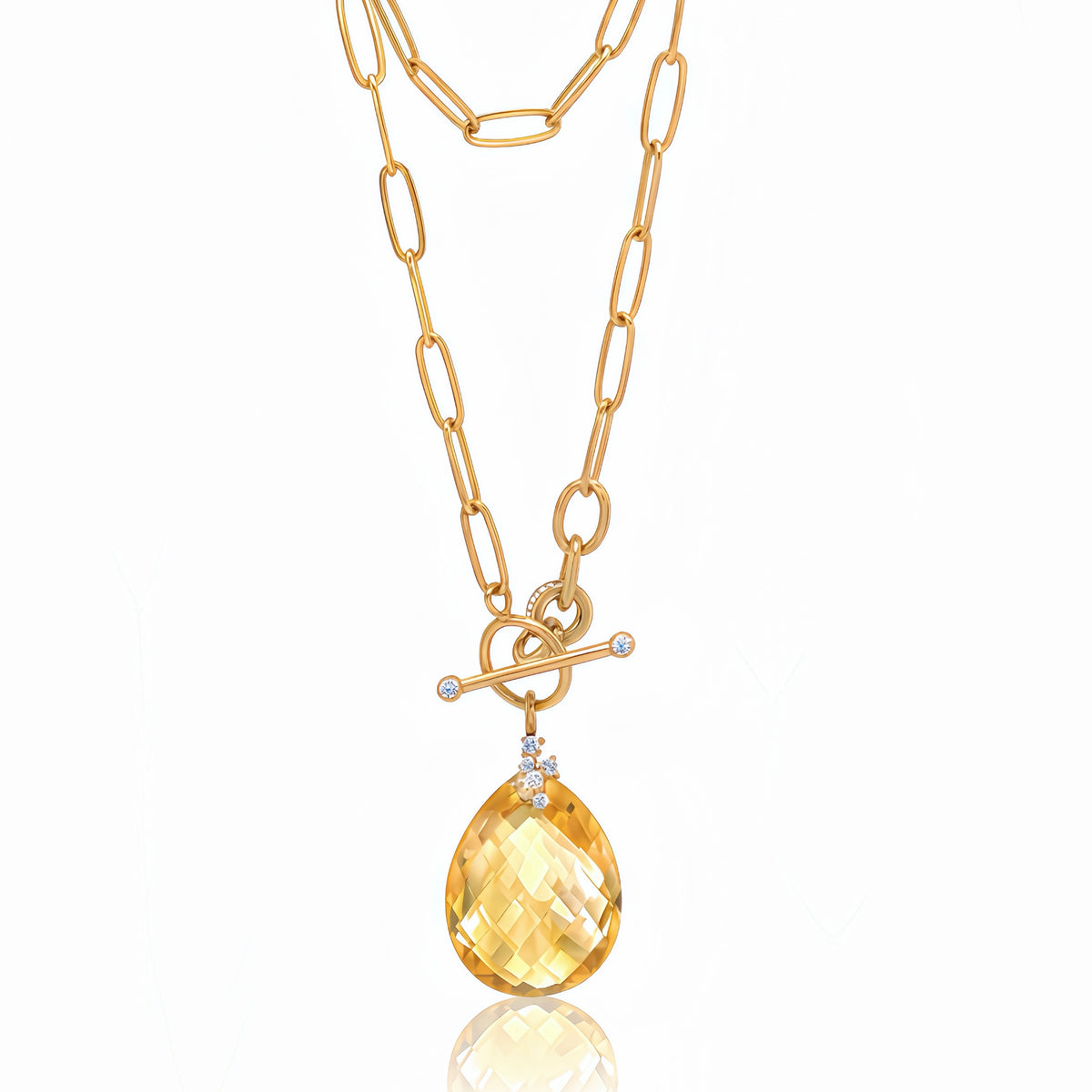 Citrine Drop Diamond Paperclip Toggle Necklace 14k