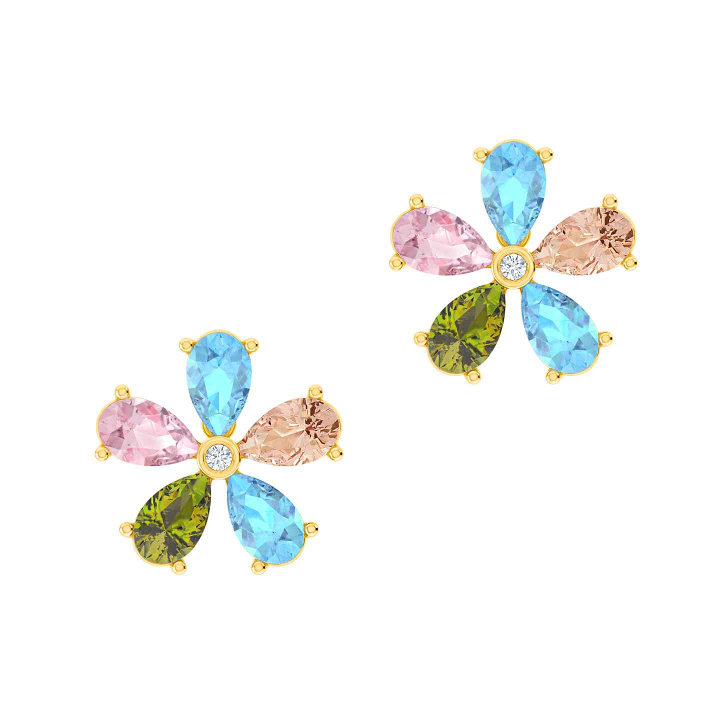 Diamond & Pastel Mixed Gemstone Gold Flower Studs in 18k