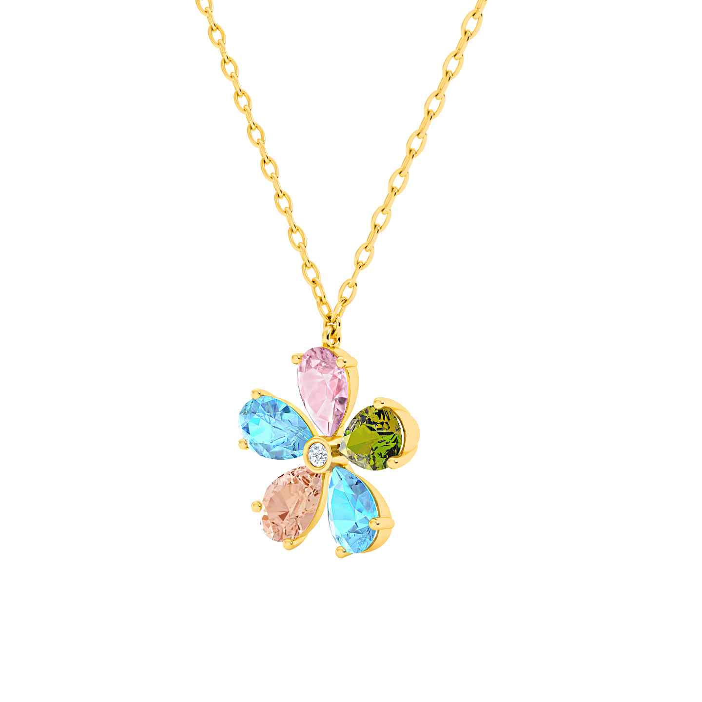 Diamond & Pastel Mixed Gemstones Flower Necklace in 18k