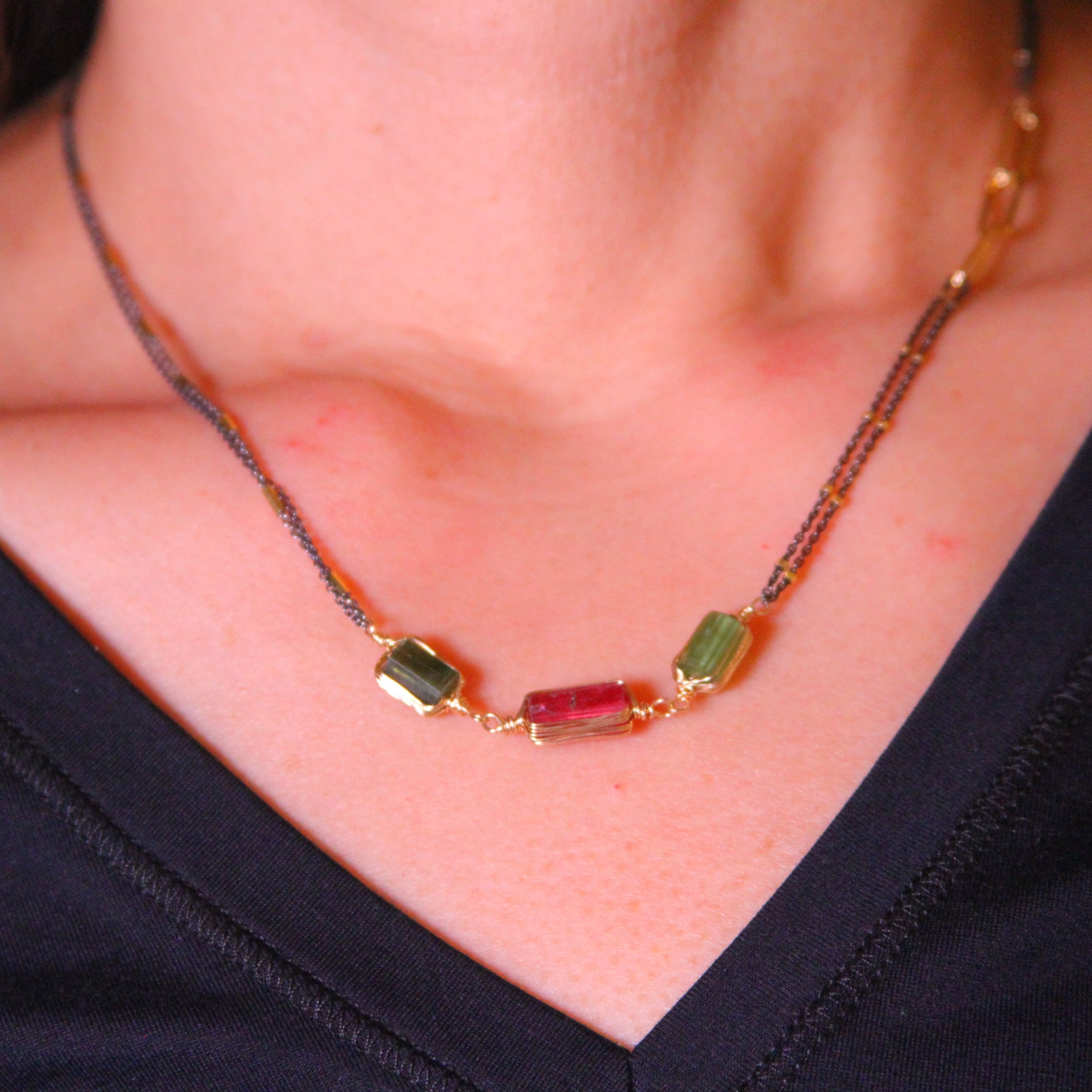 Rosy Trio Gem Mixed Metal Necklace