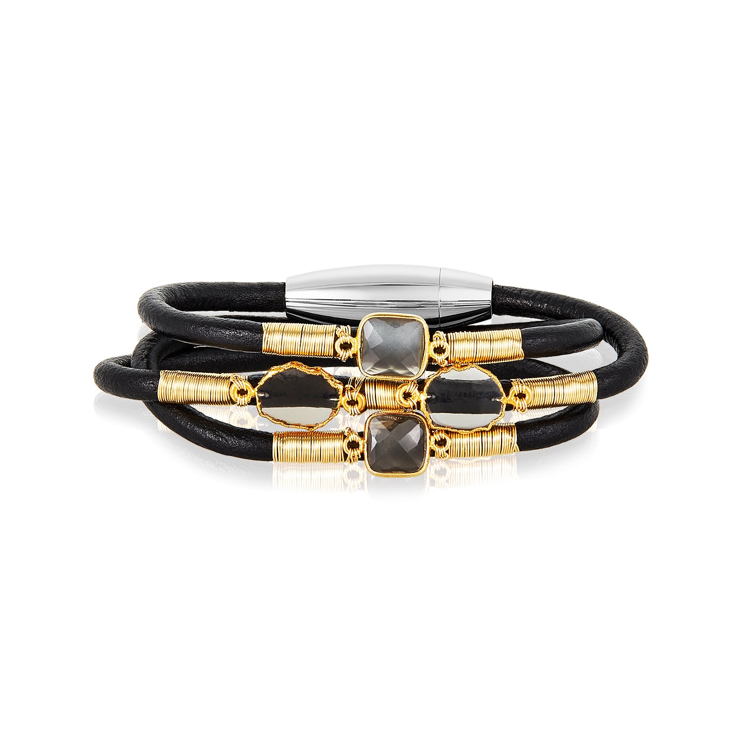 Triple Slim Smokey Quartz Leather Bracelet
