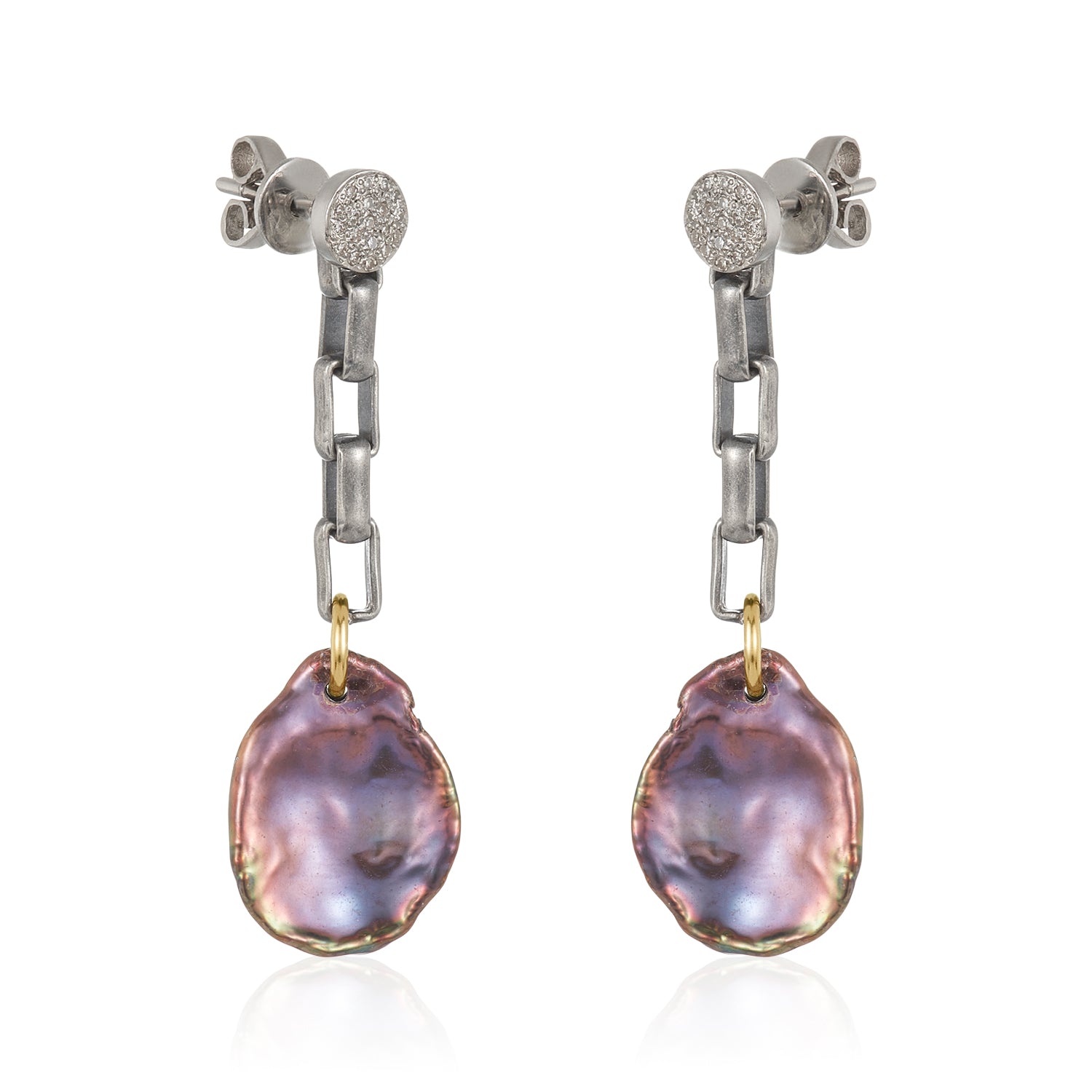 Diamond silver peacock keshi pearl earrings