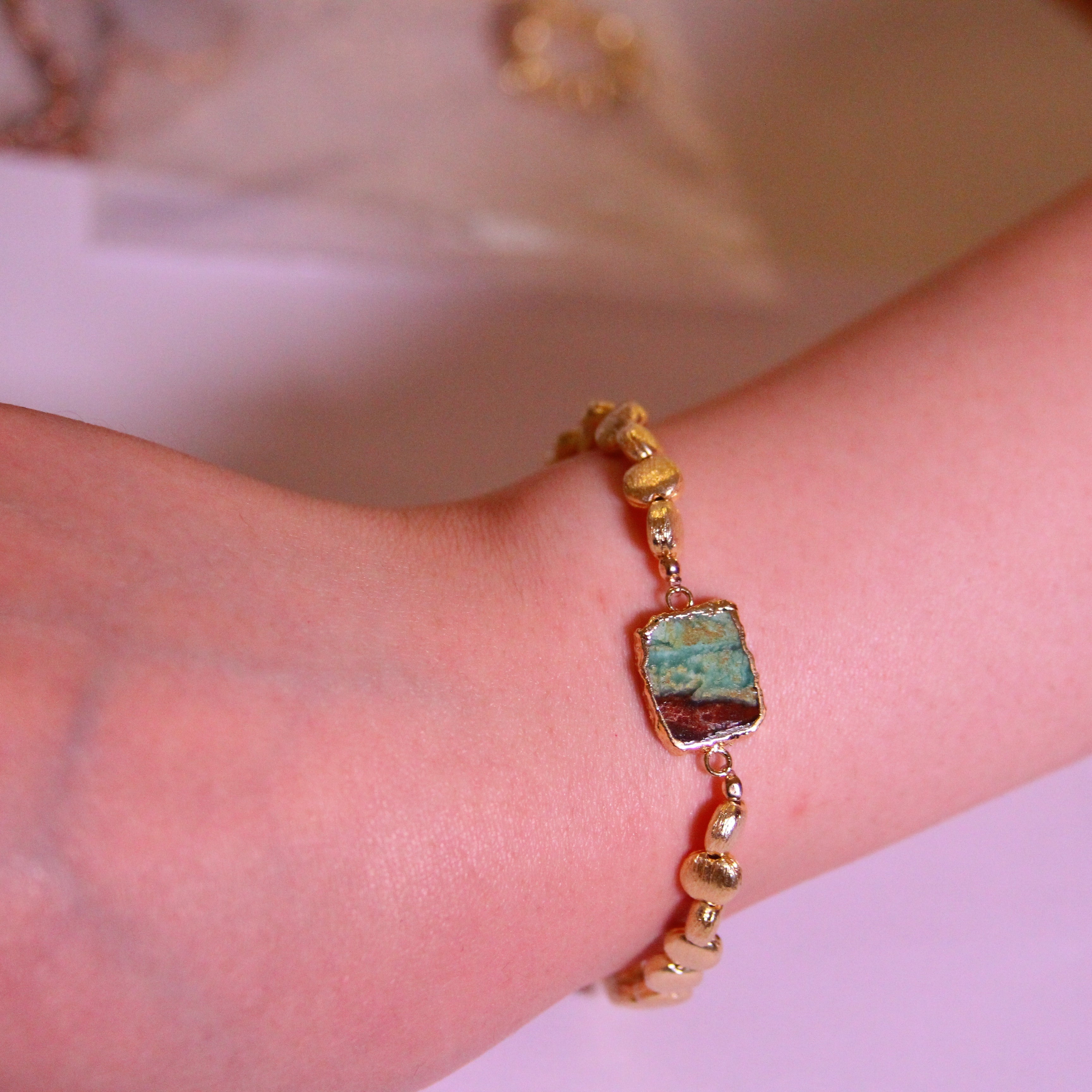 Gem Slab Gold Beads Stretchy Bracelet