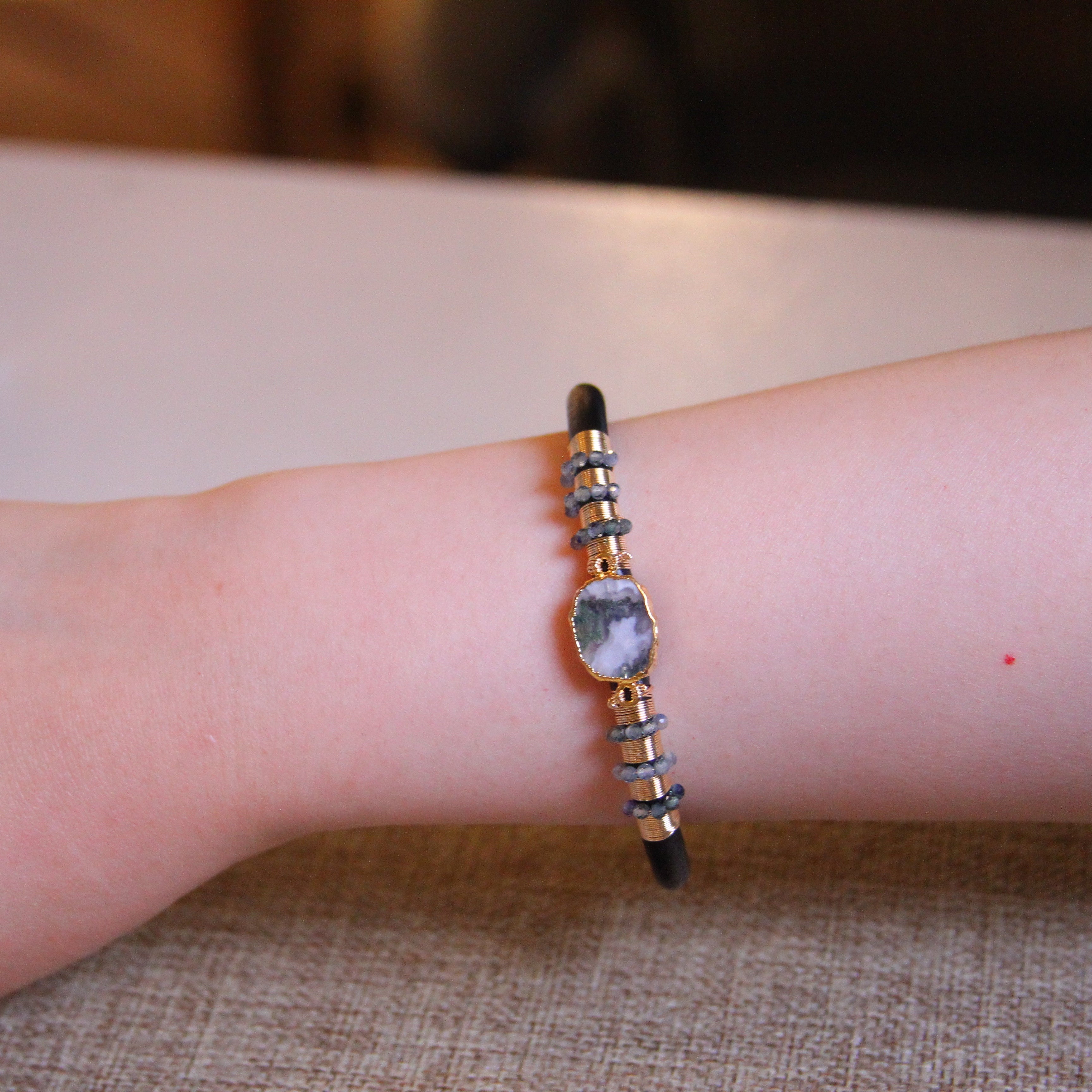 Moss Agate Single Leather Bracelet