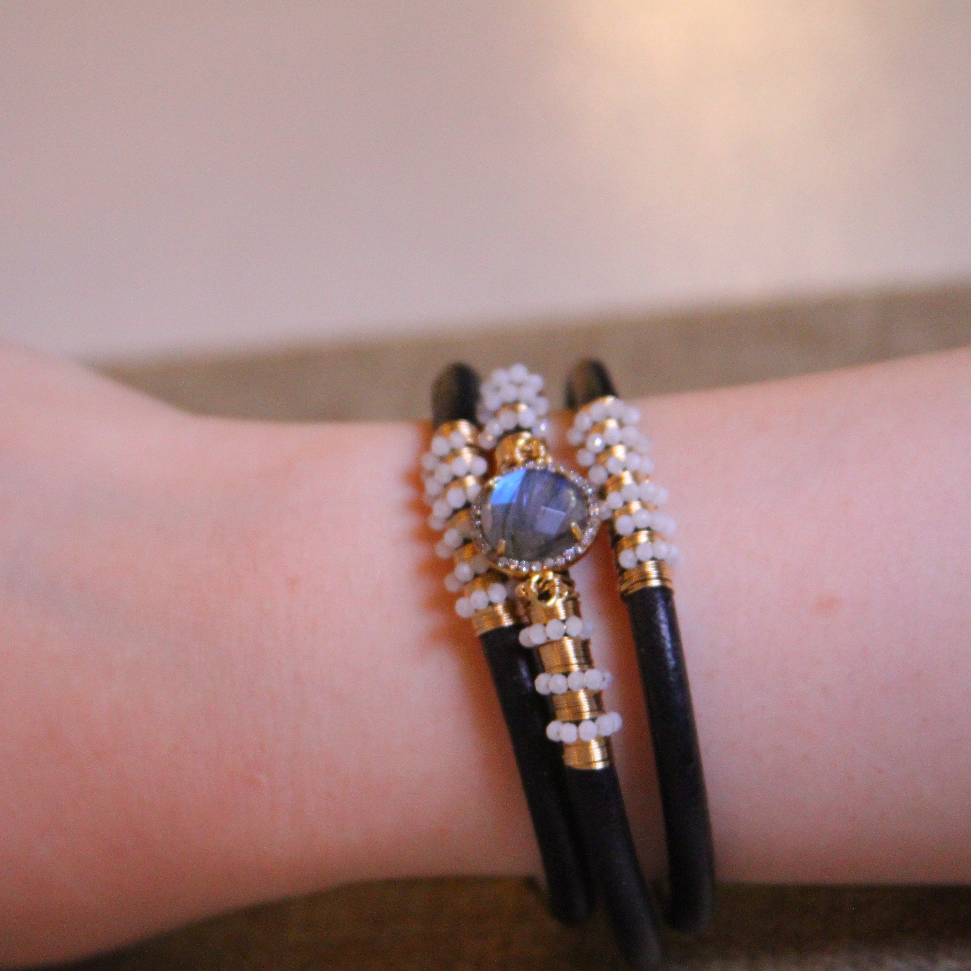 Triple Labradorite Diamond Leather Bracelet