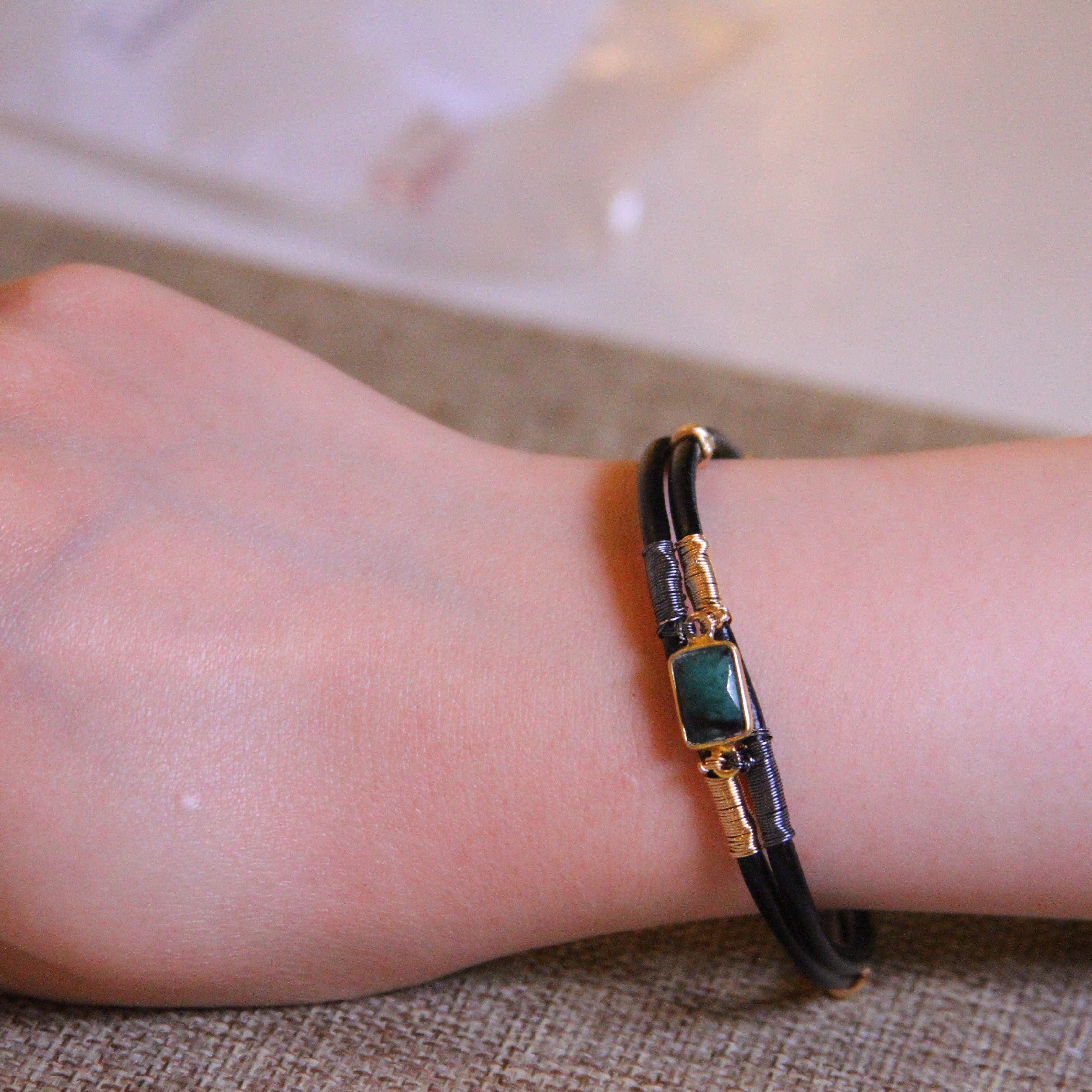 Double Thin Gem Wired Leather Bracelet