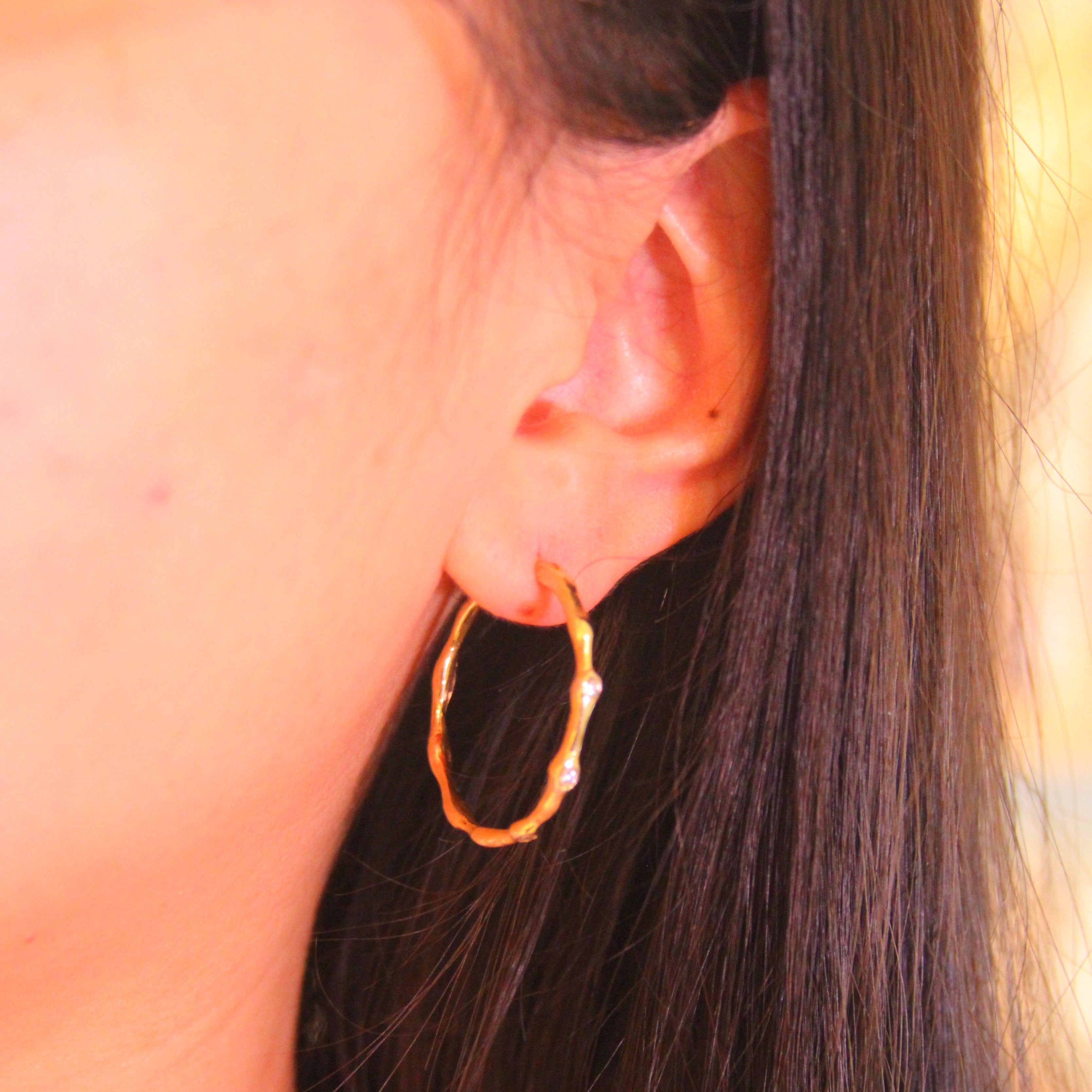 Diamond Bamboo Gold Big Hoop Earrings
