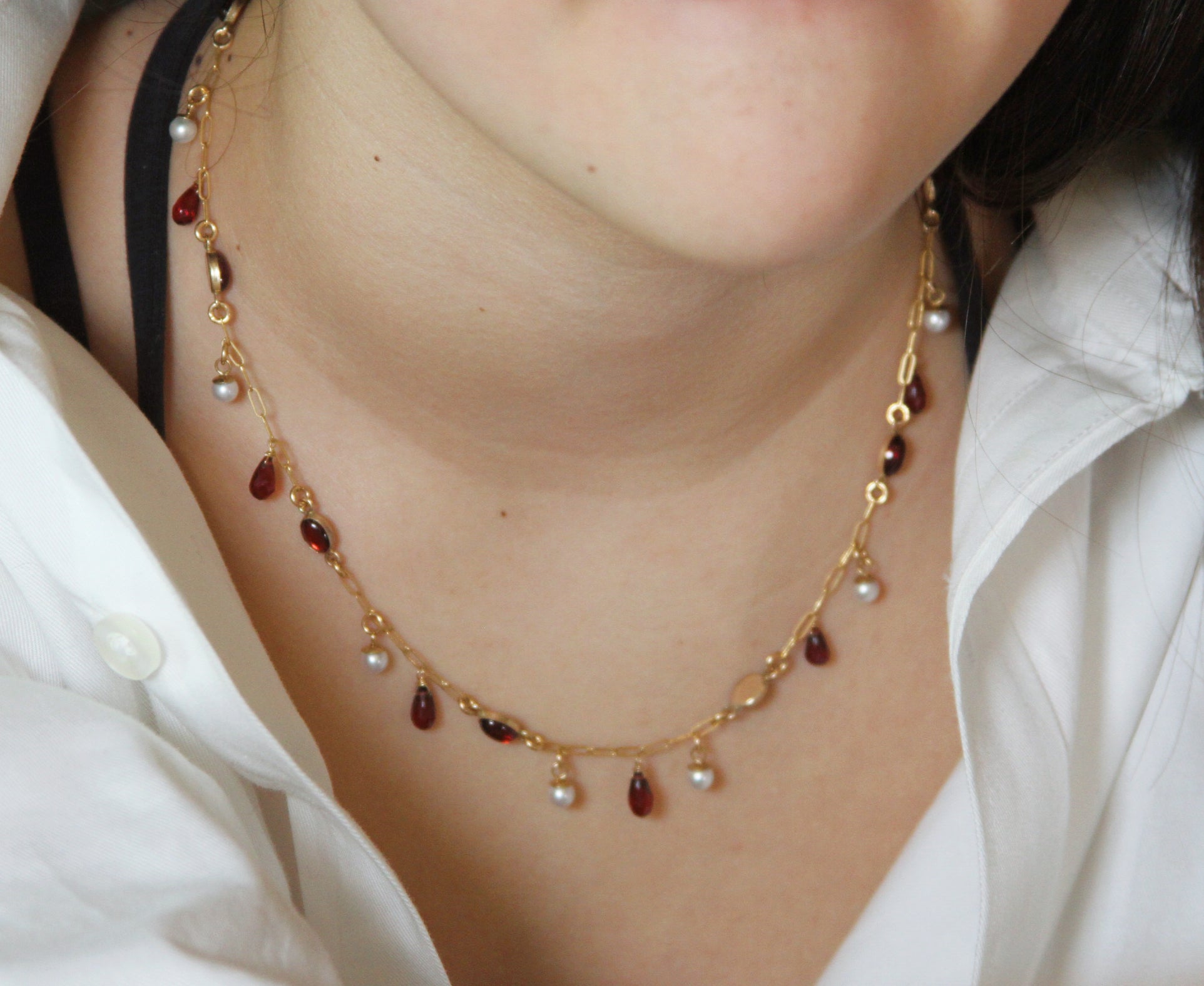 Red Garnet and Pearl Drop Necklace-14k