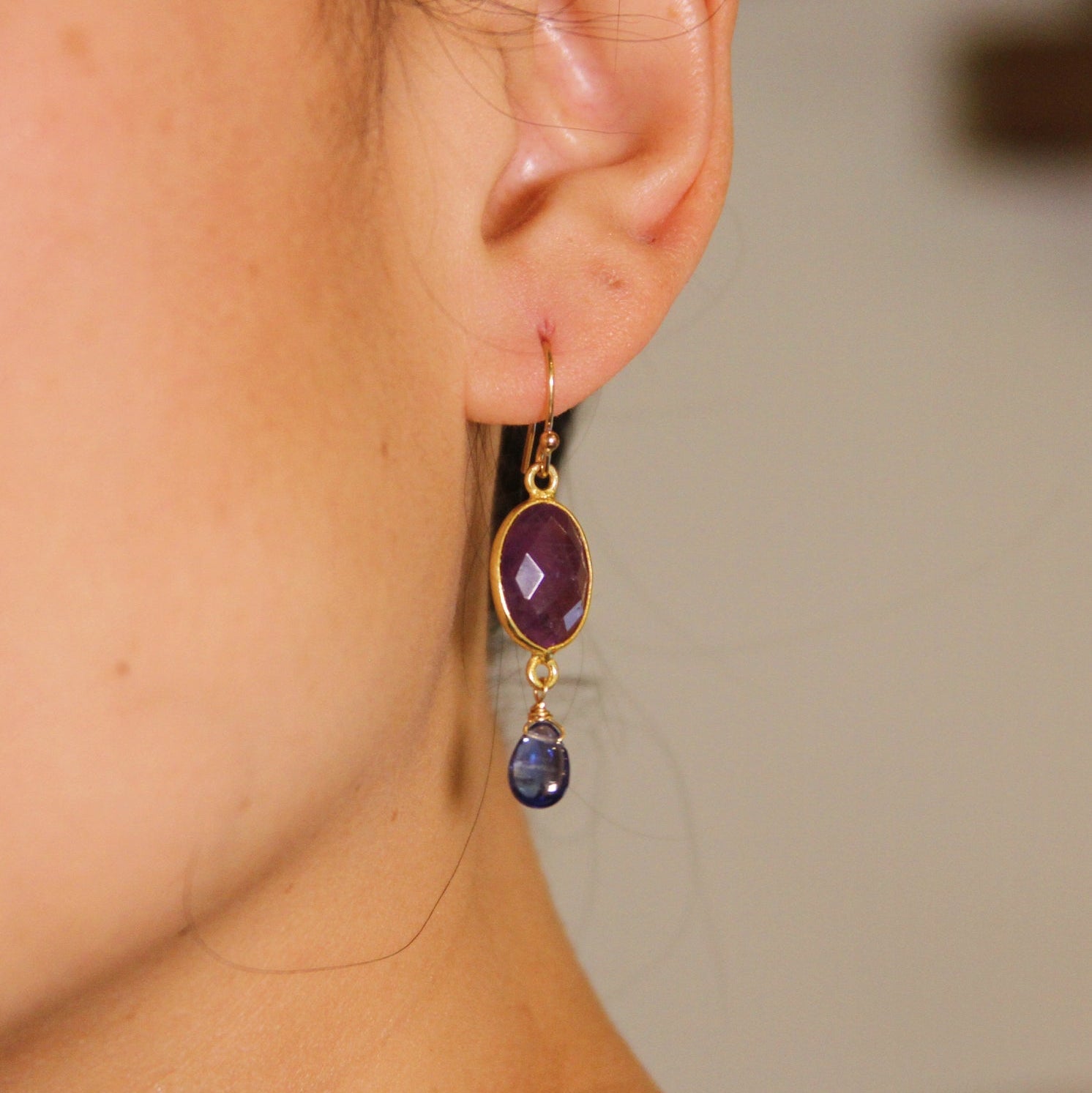 Oval Bezel Set Drop Earrings - Amethyst & Kyanite