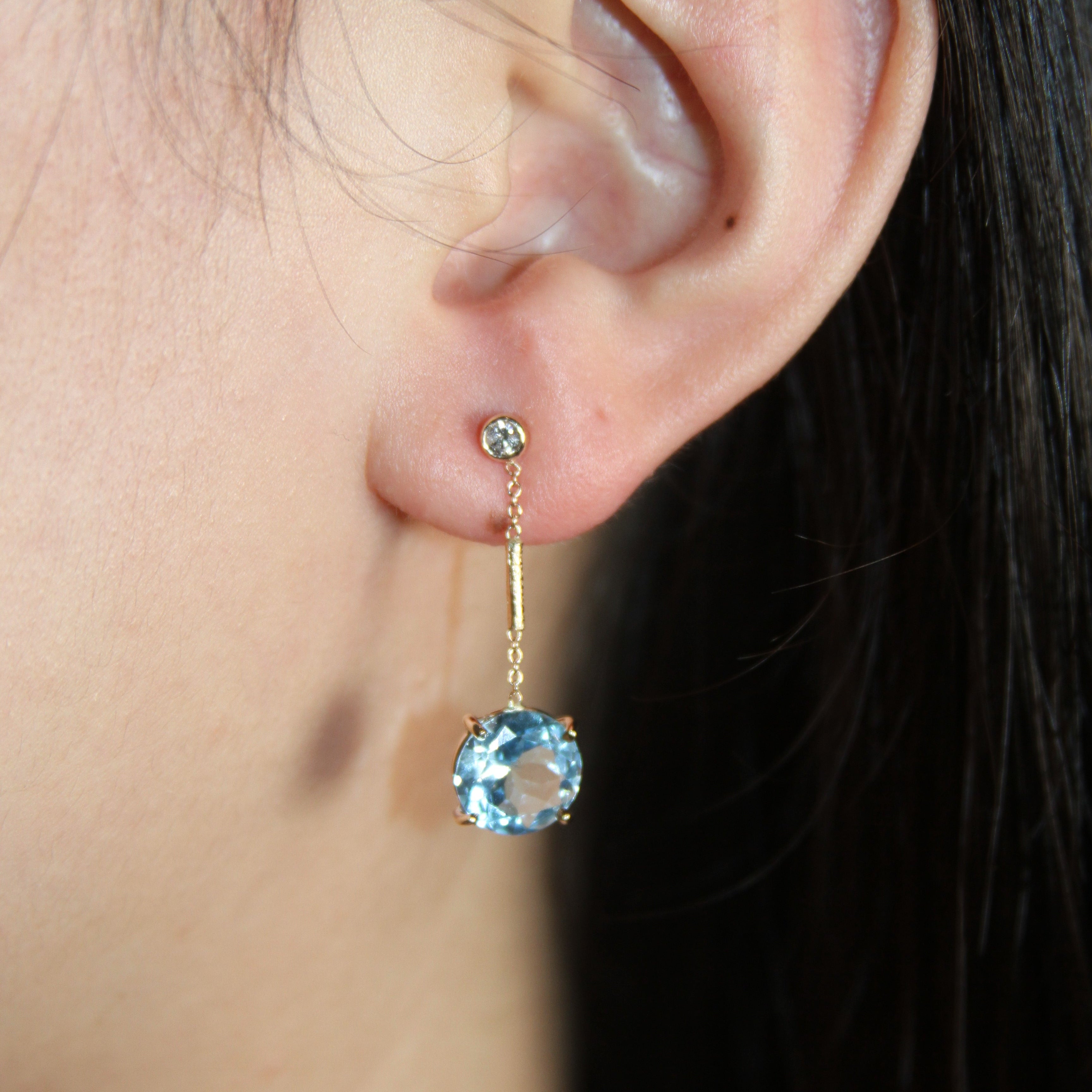 Blue Topaz Dangling Diamond Post Earrings In 14K