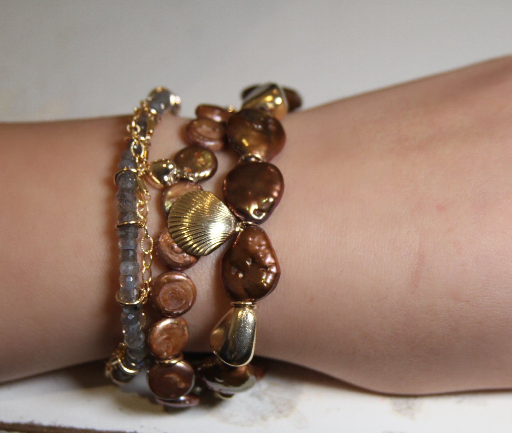 Copper Coin Pearl Beaded Bracelet
