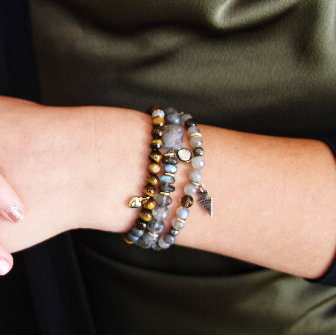 Tiger Eye Beaded Stackable Bracelet with Heart Charm