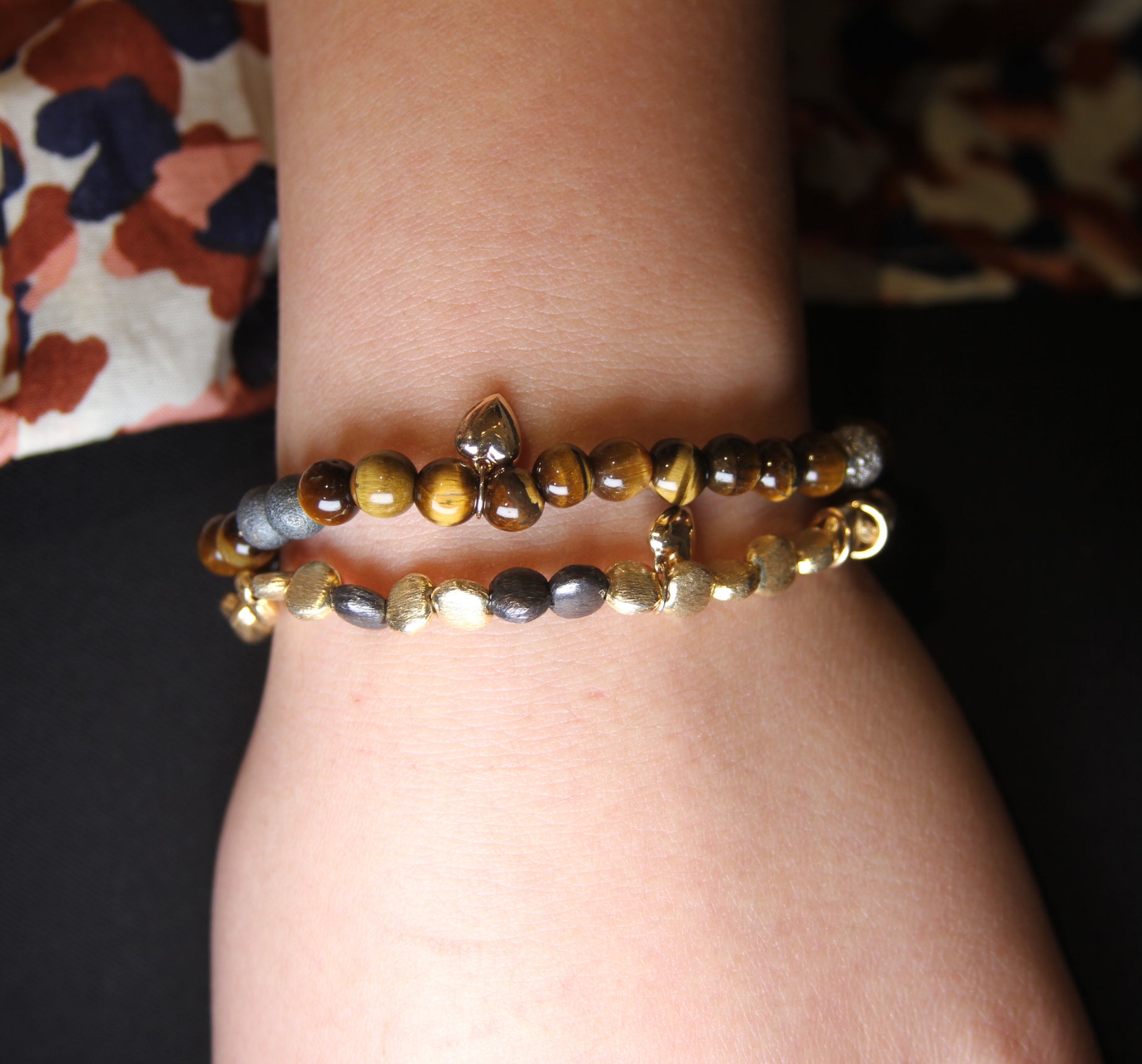 Tiger Eye Beaded Stackable Bracelet with Heart Charm