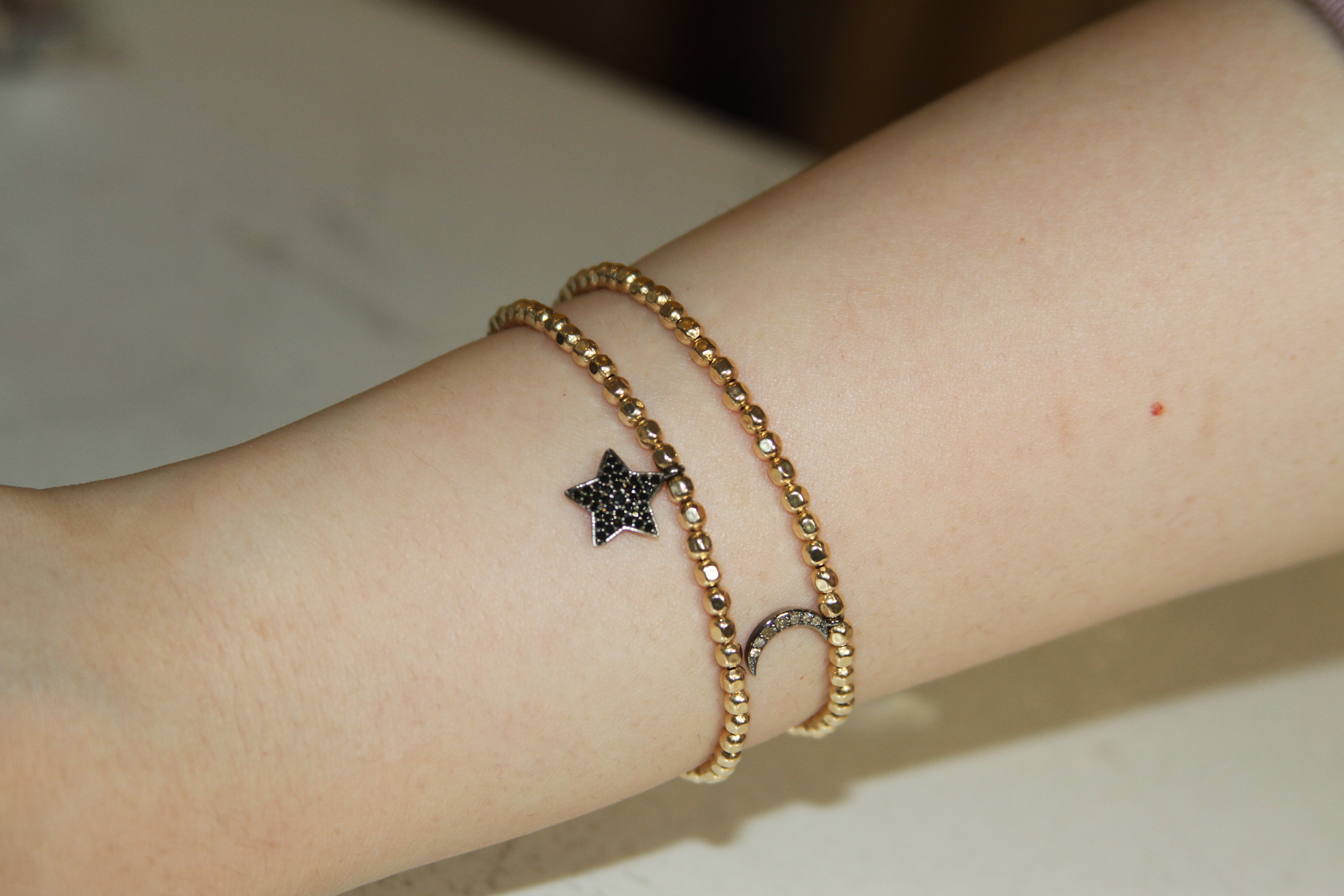 Pave Diamond Star or Moon Gold bead Stretchy Bracelet