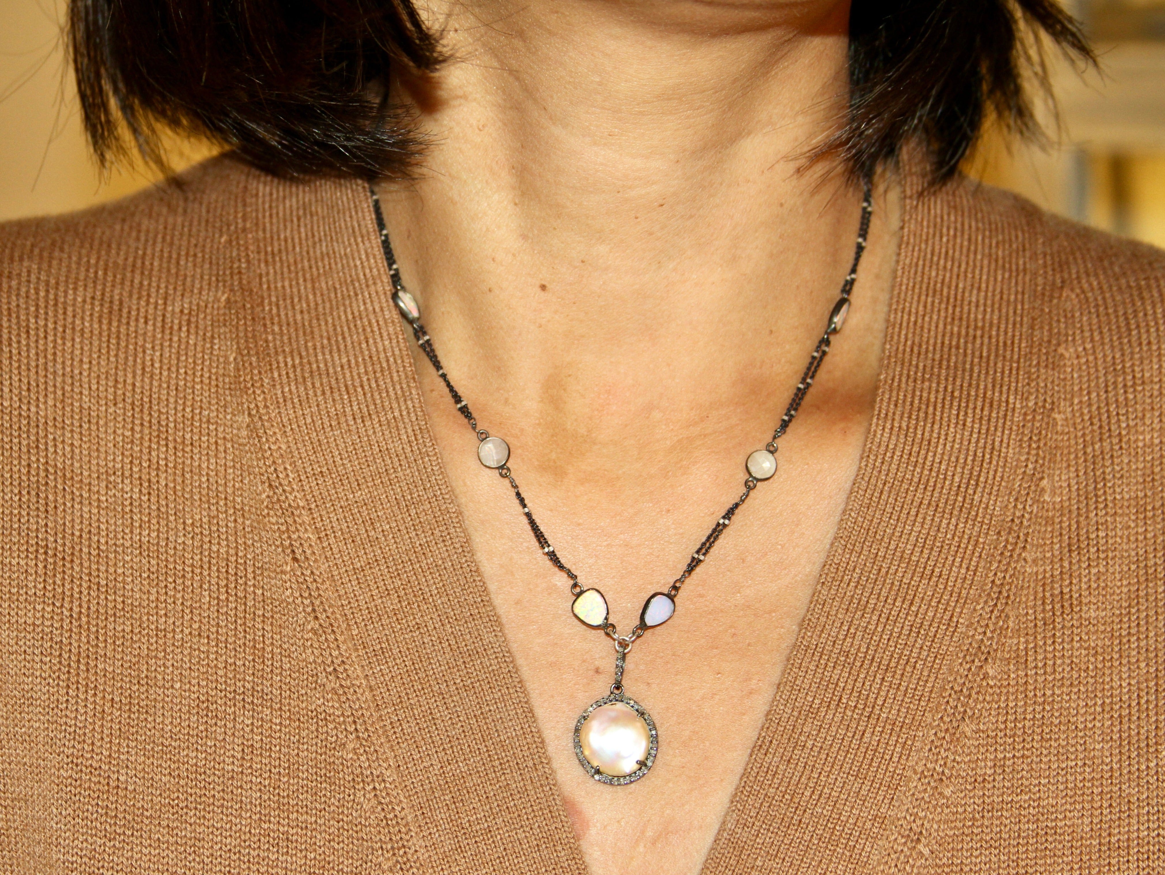 Pearl Diamond Halo Pendant Silver Necklace