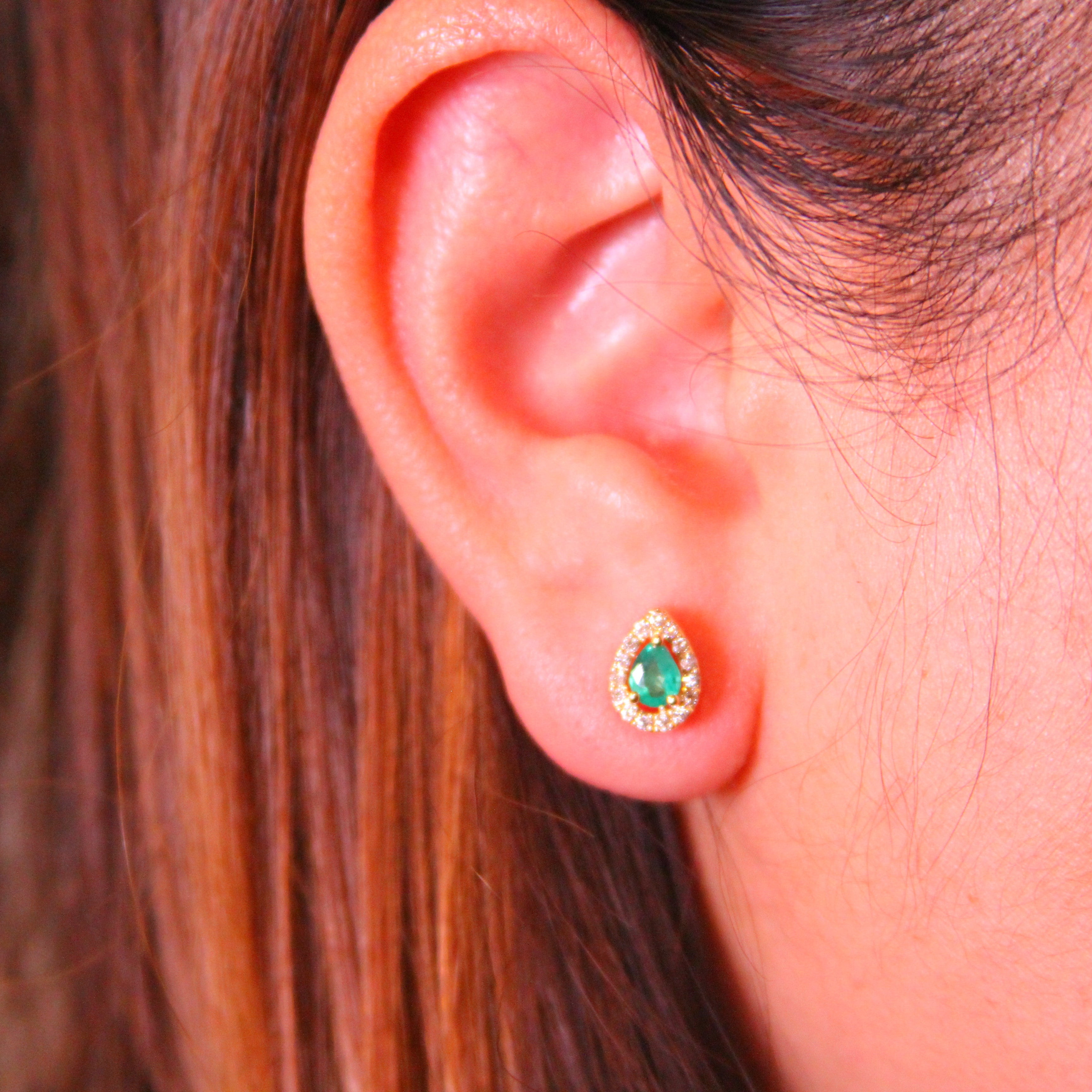 Emerald Diamond Halo Studs Earrings-18k Gold