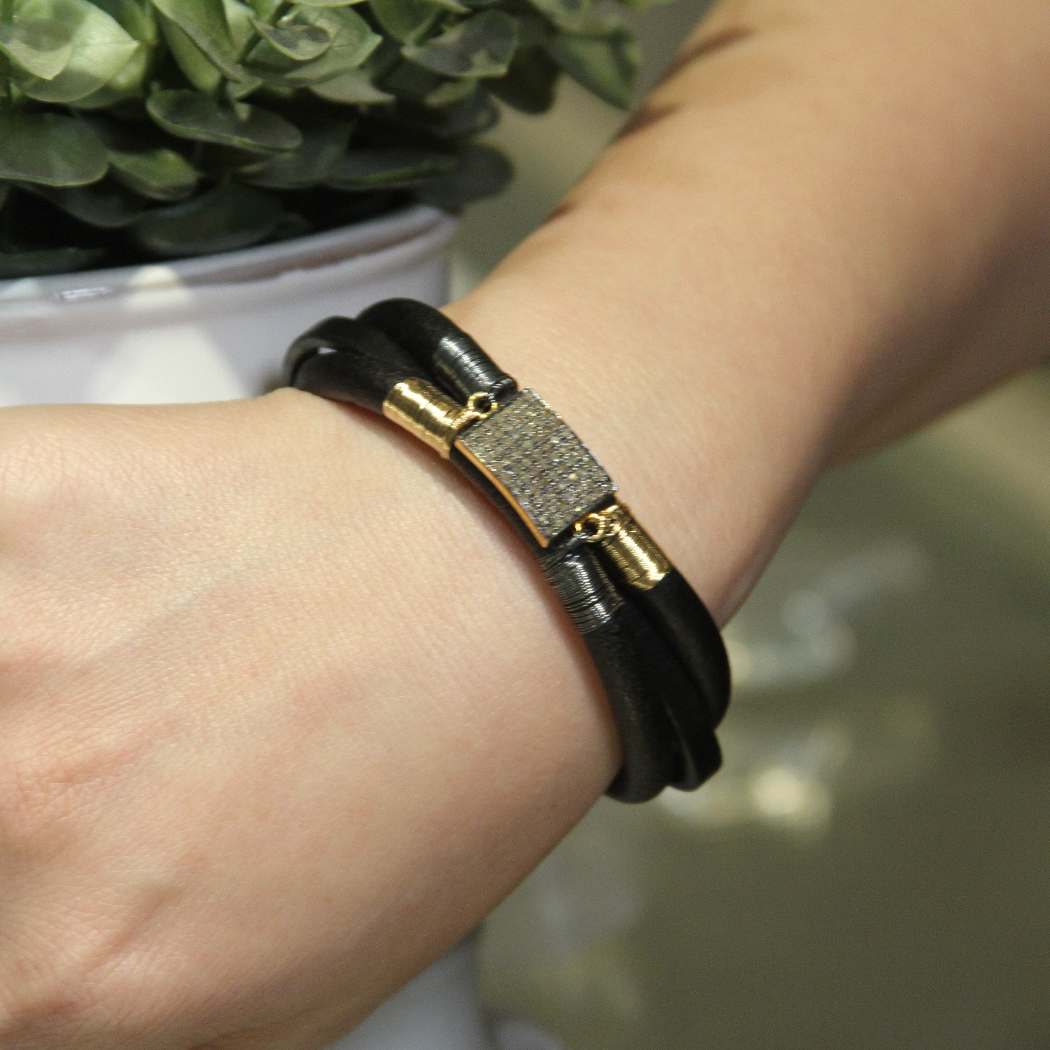 Pave Diamond Rectangle Triple Leather Bracelet
