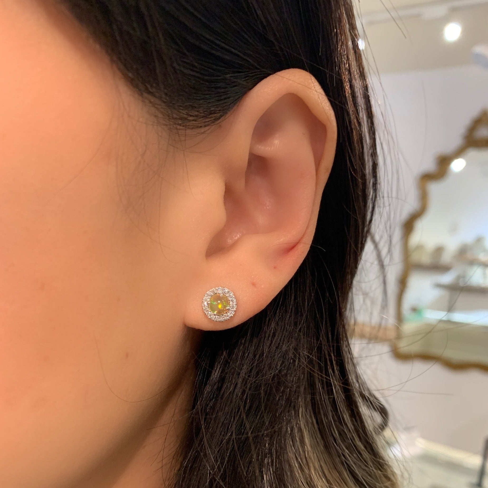 Round Fire Opal Diamond Earrings