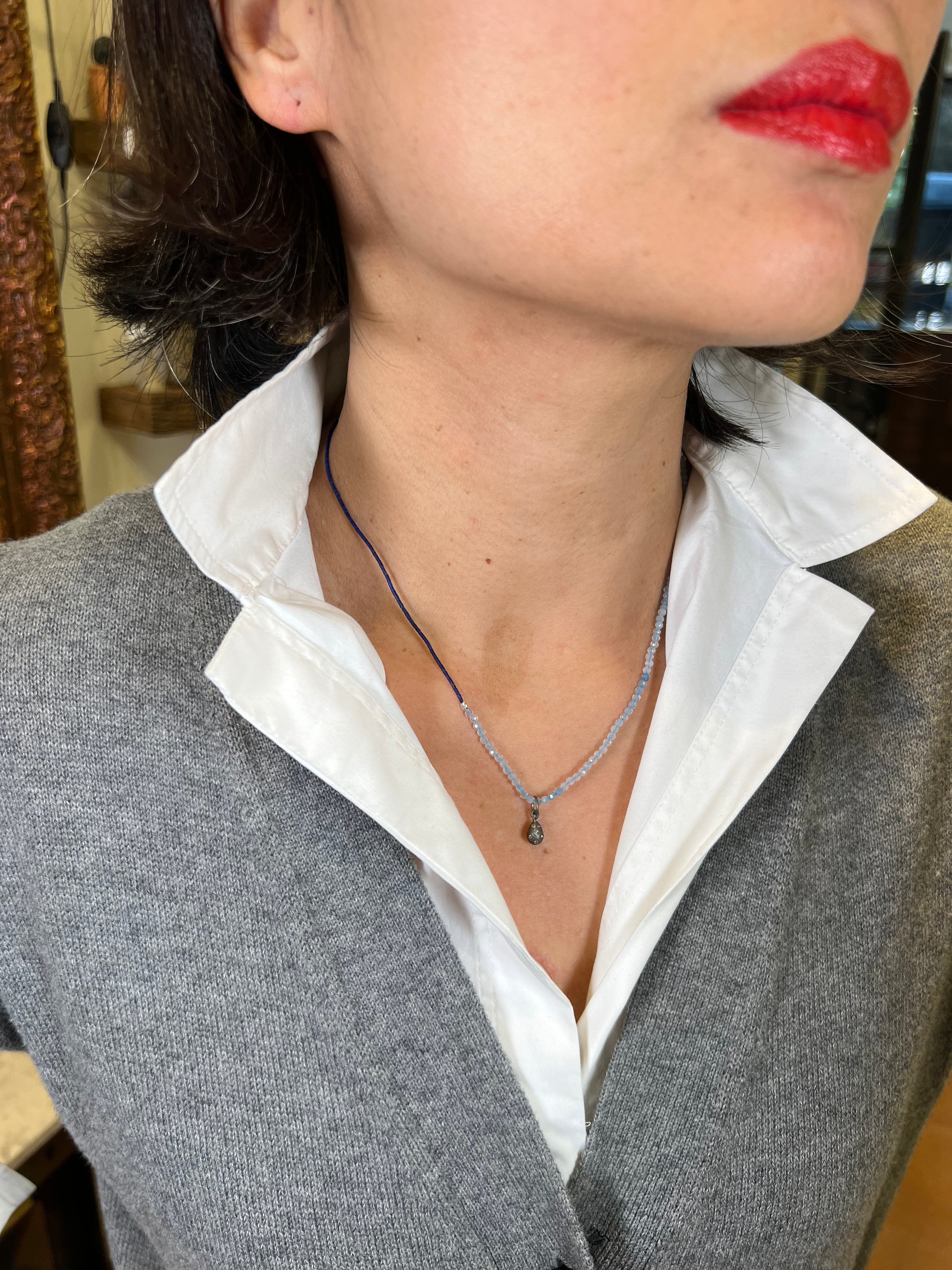 Teardrop Diamond Charm Oxidized Silver Necklace