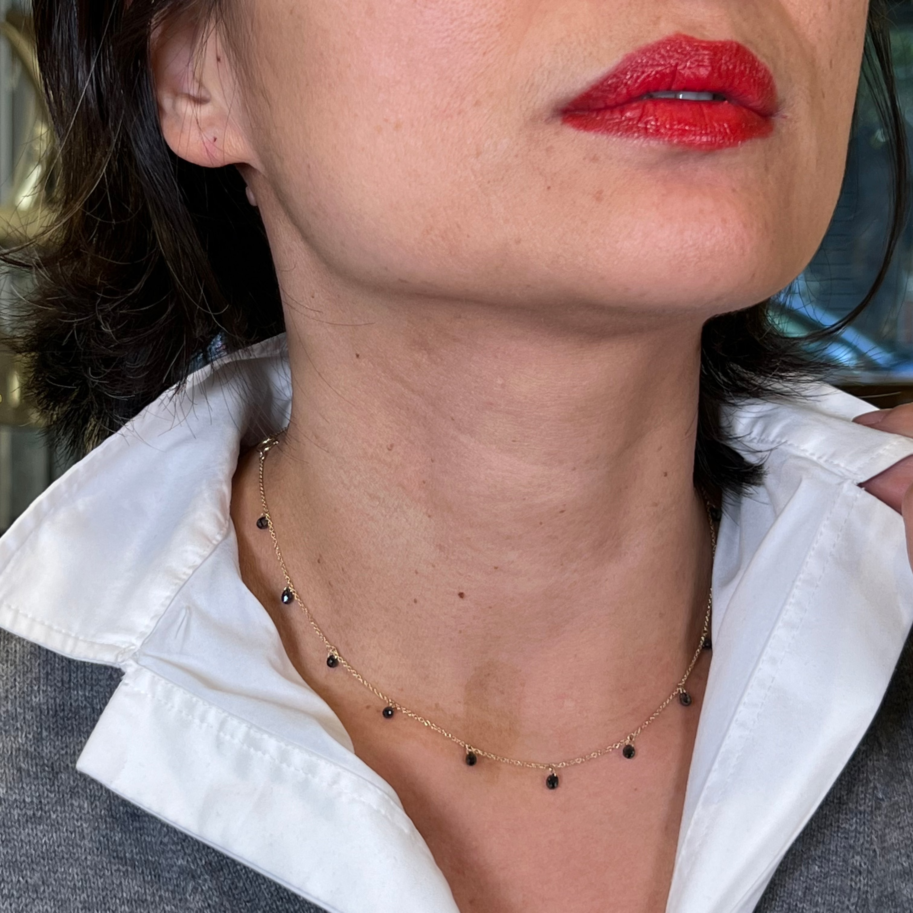 Black Diamond Dangle Section Necklace in 14k