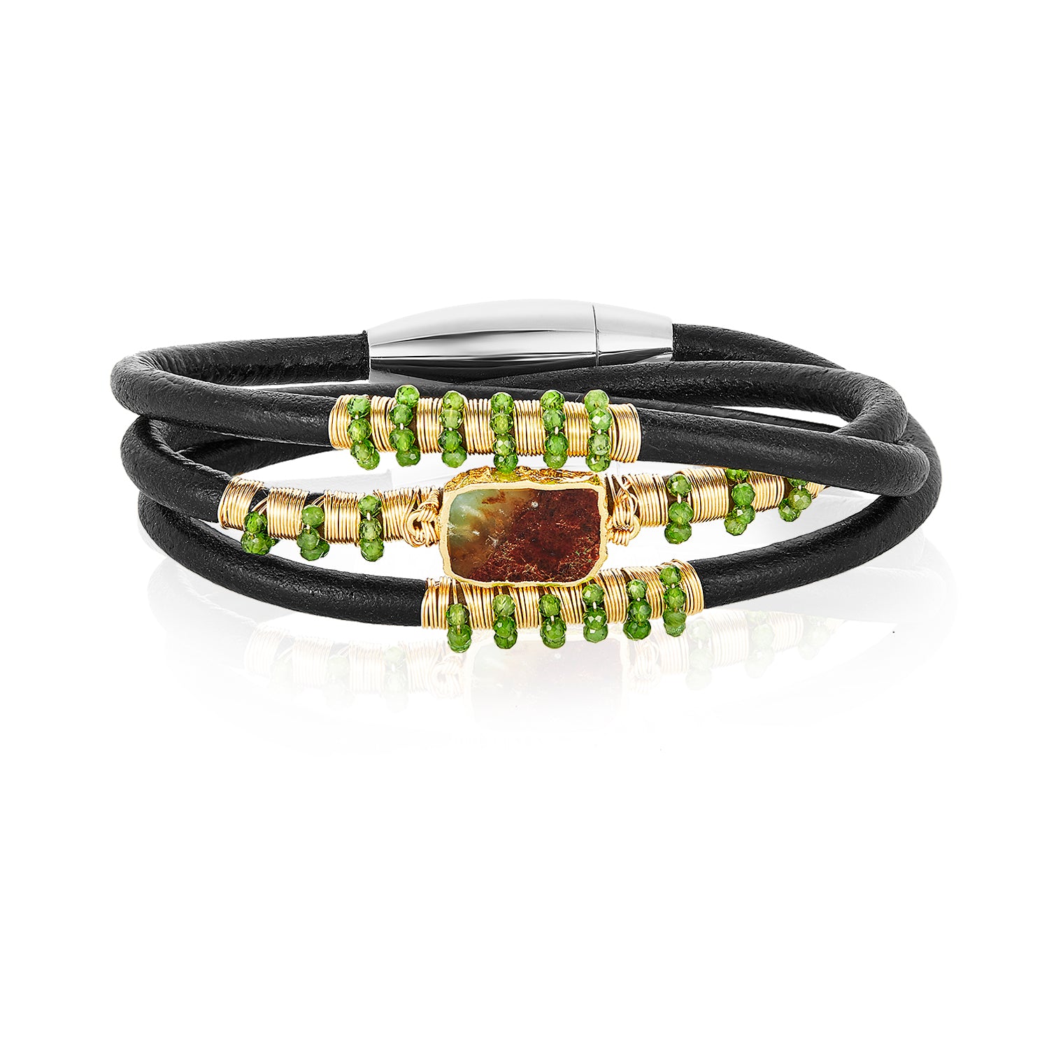 Chrysoprase Triple Black Leather Bracelet