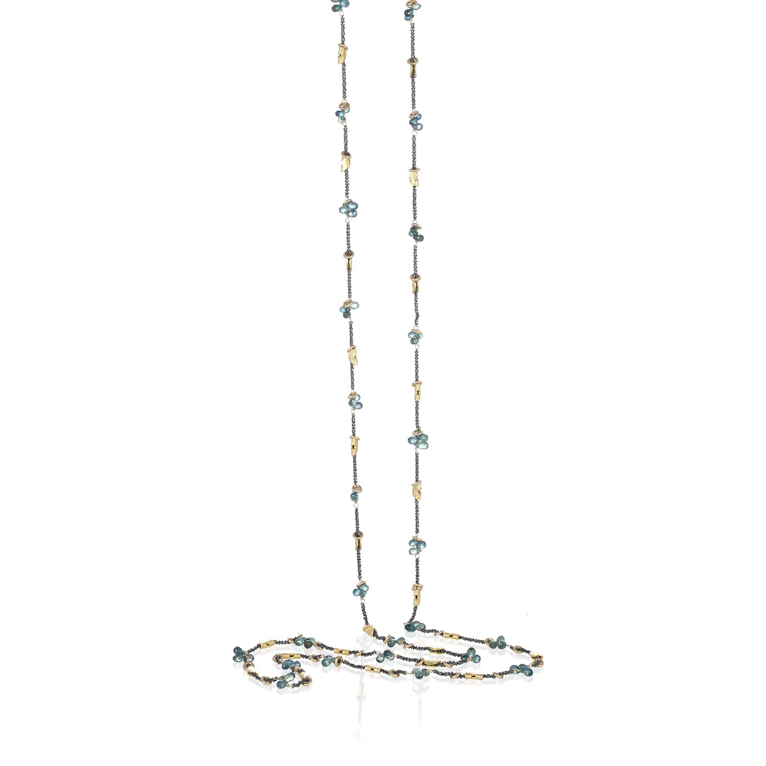 Half Moon Petal Sapphire Silver Long Necklace - Blue